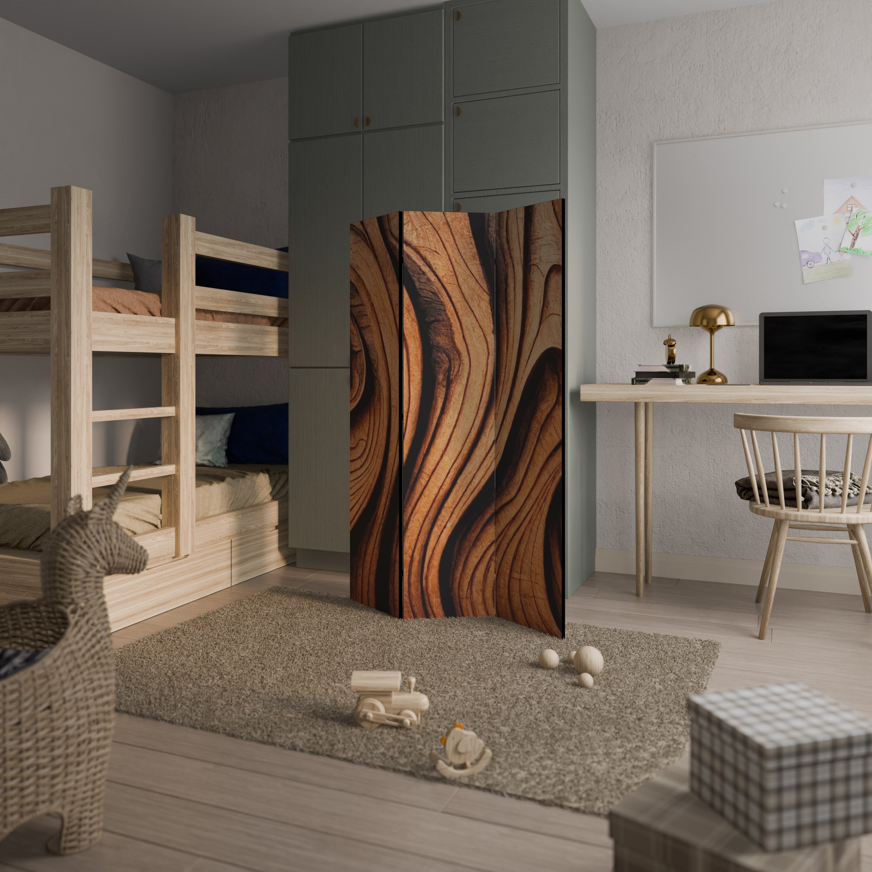 WOODEN WAVES UNFOLDED Dekorativer 3-teiliger Raumteiler