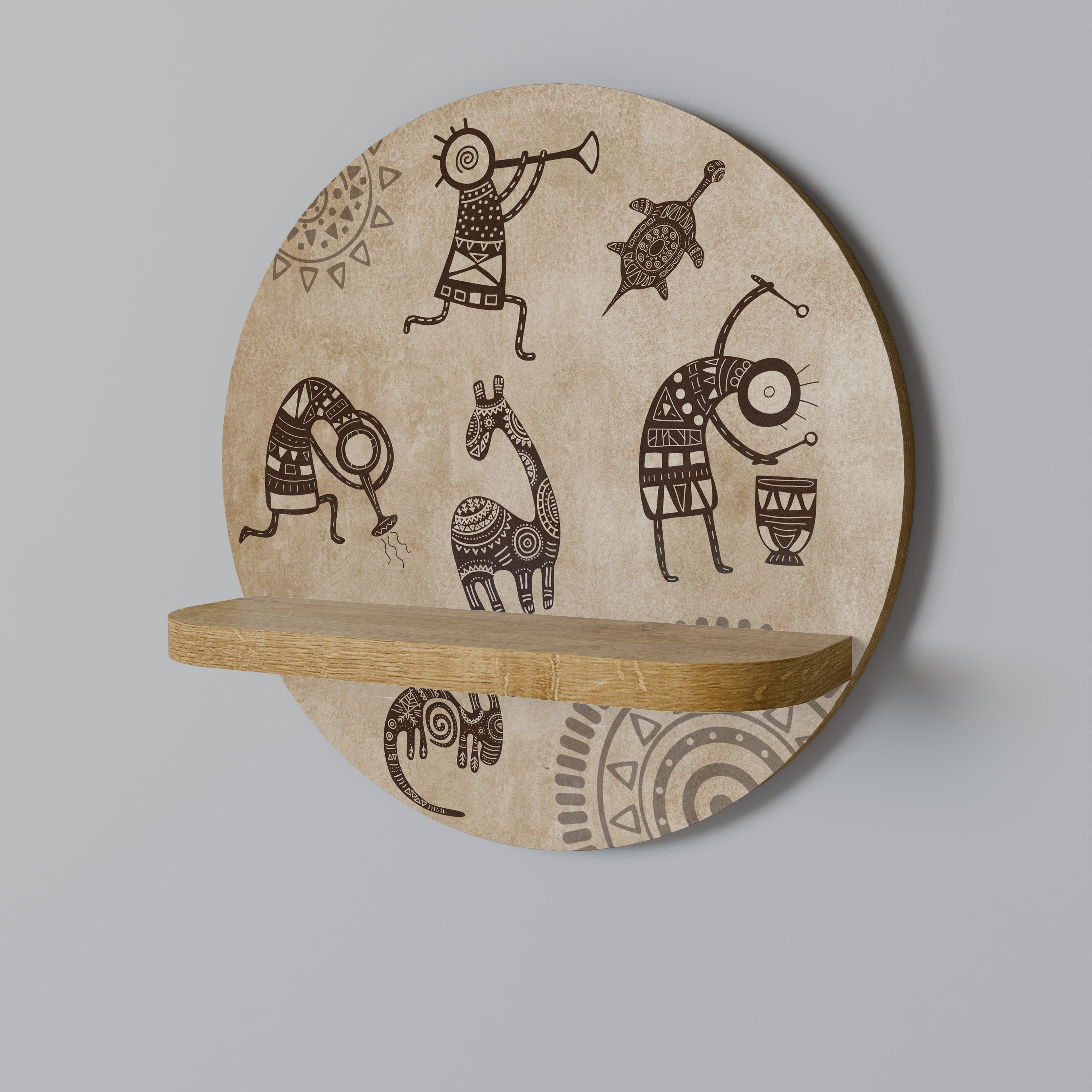 AFRICAN STYLE Round Art Shelf In Oak Effect