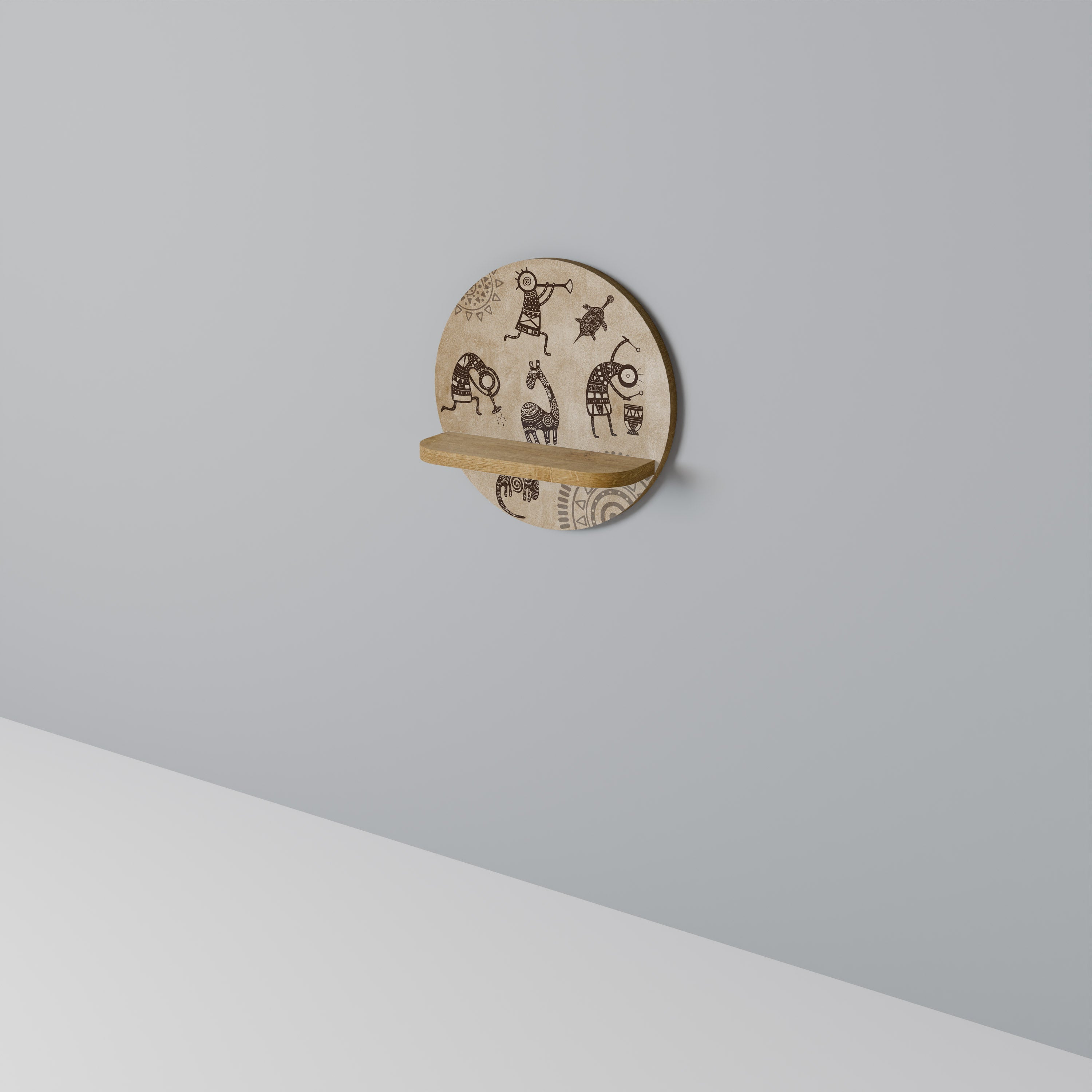 AFRICAN STYLE Round Art Shelf In Oak Effect