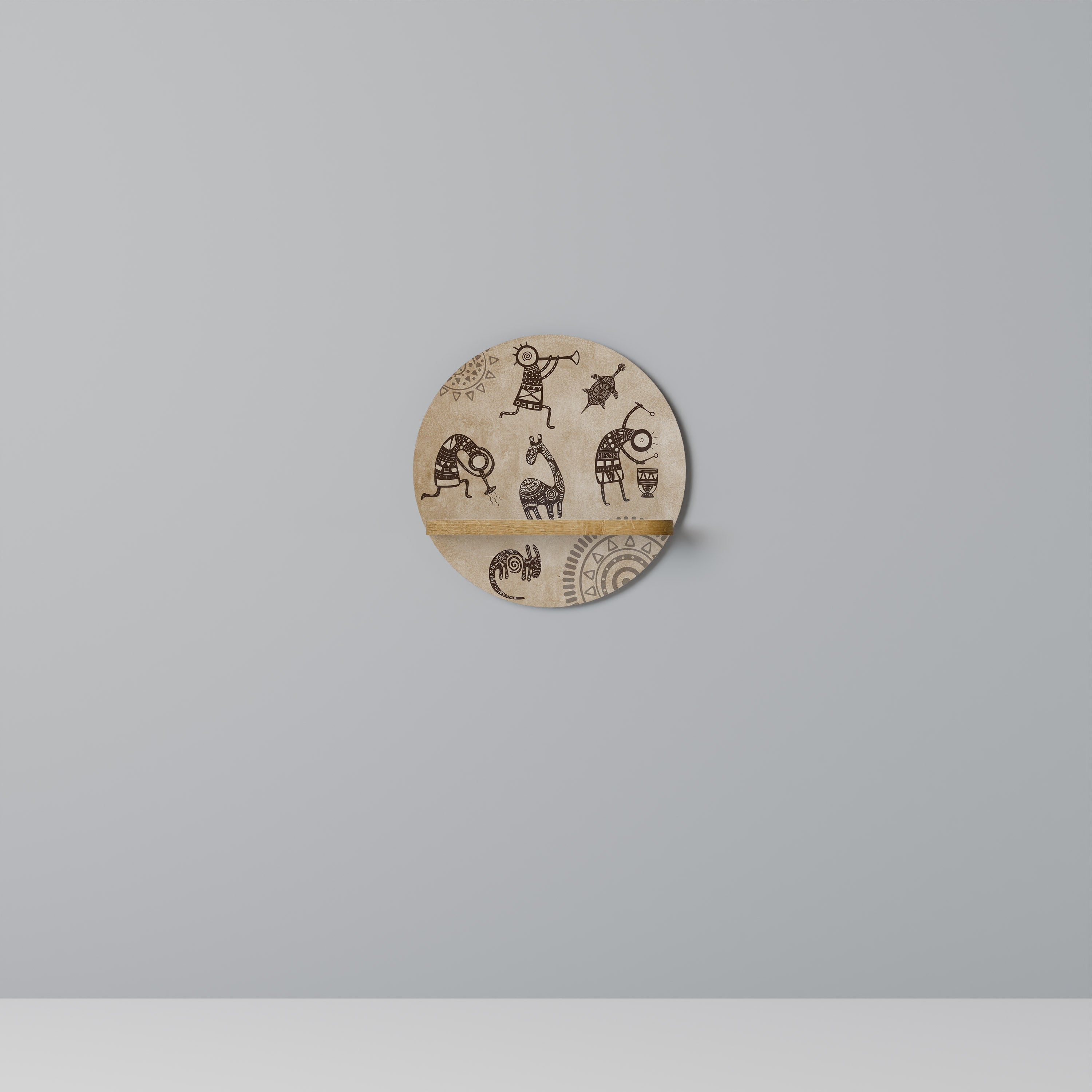 AFRICAN STYLE Round Art Shelf In Oak Effect