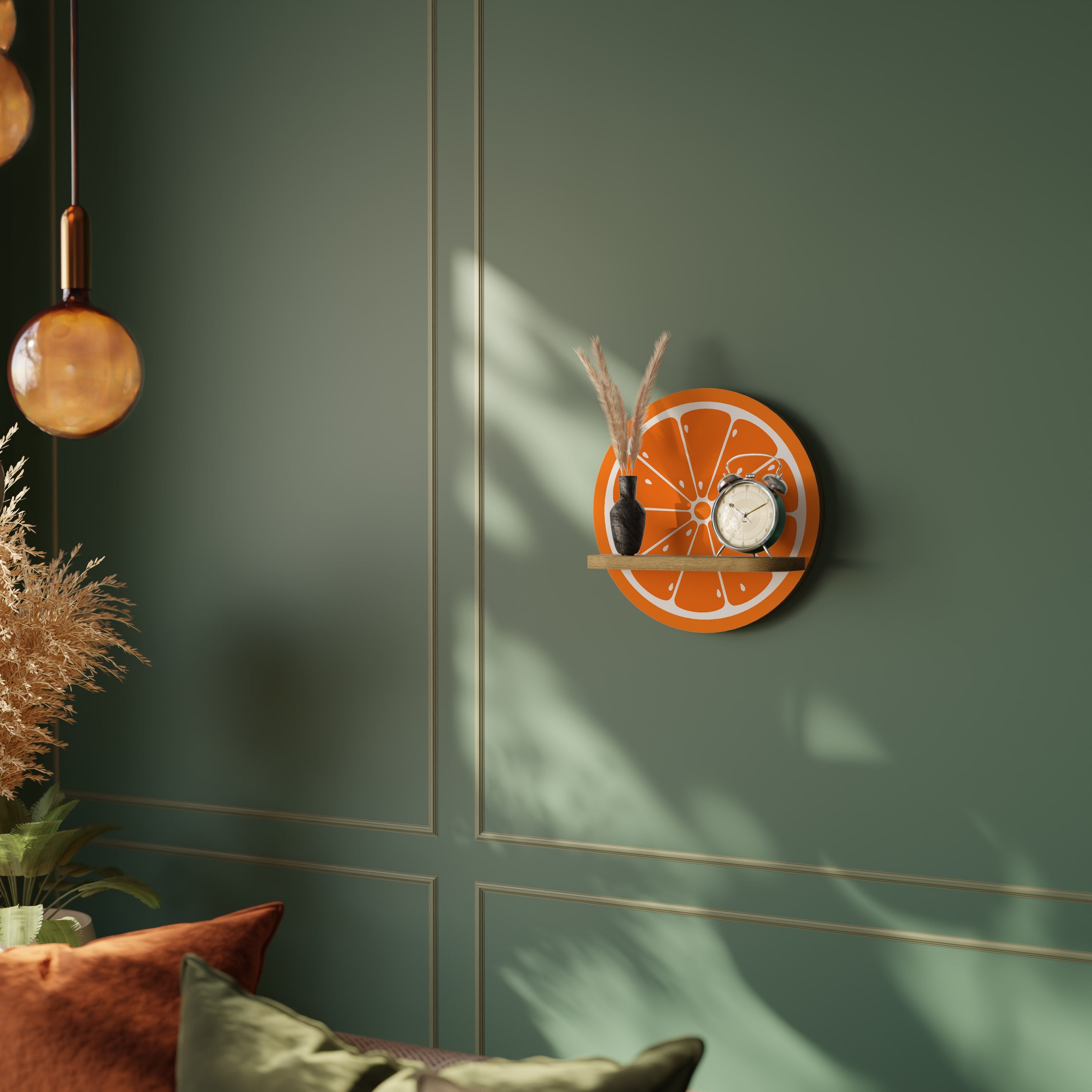 JUICY ORANGE Round Art Shelf In Oak Effect
