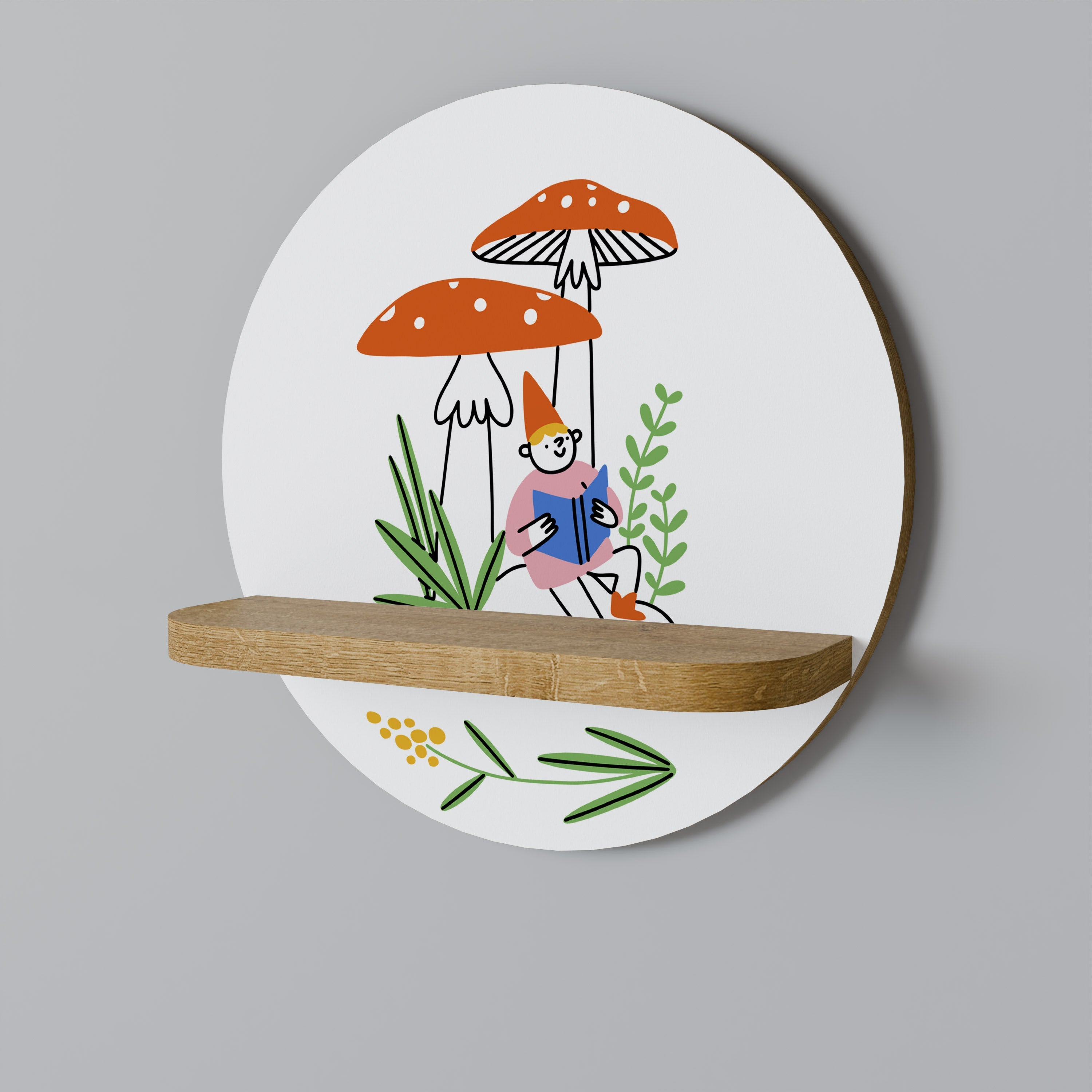GARDEN GNOMES Round Art Shelf In Oak Effect