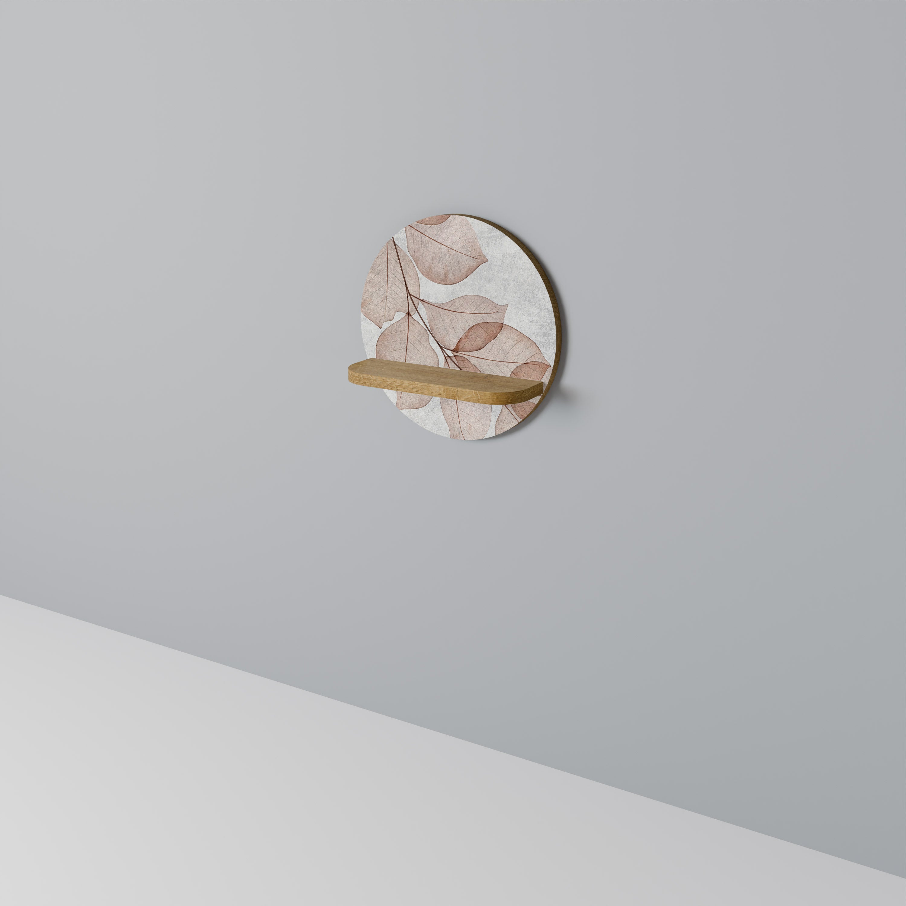 AUTUMN FRAGILITY Round Art Shelf In Oak Effect