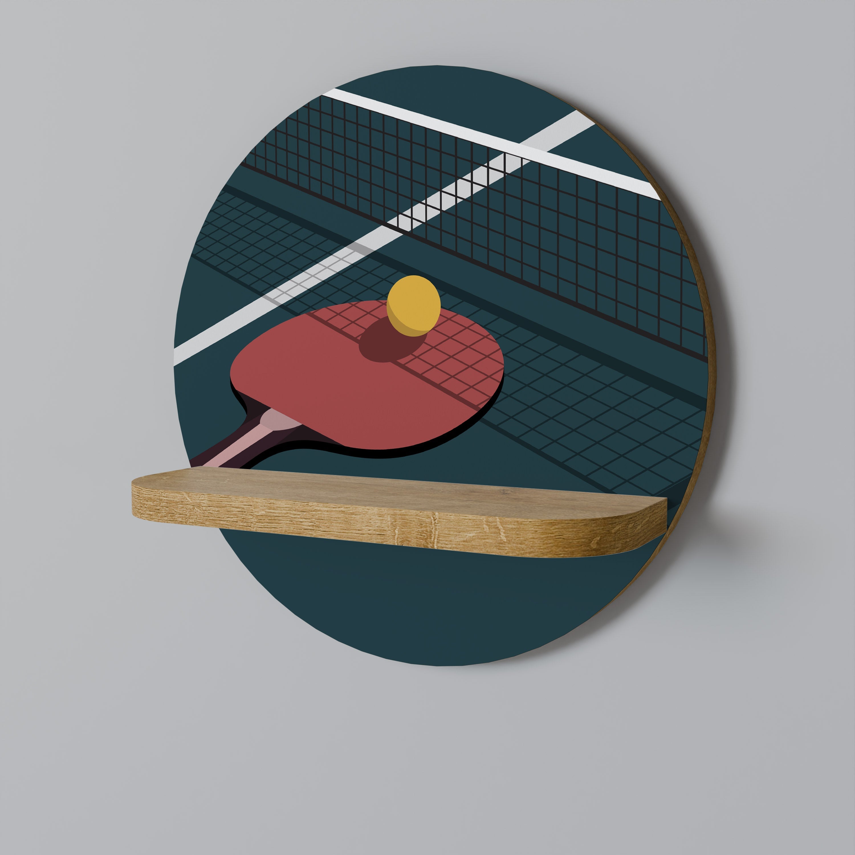 PING- PONG GAME Round Art Shelf In Oak Effect