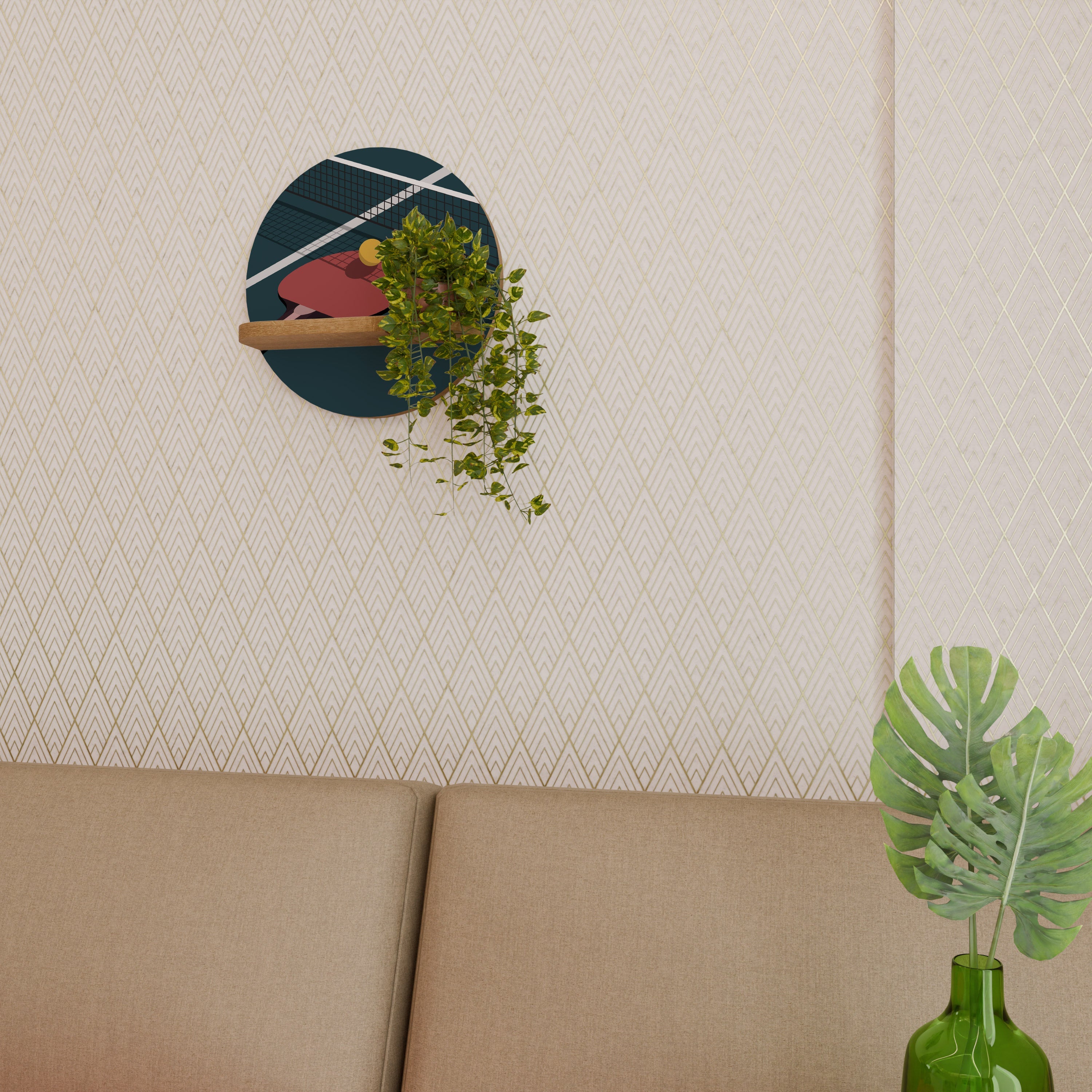 PING- PONG GAME Round Art Shelf In Oak Effect