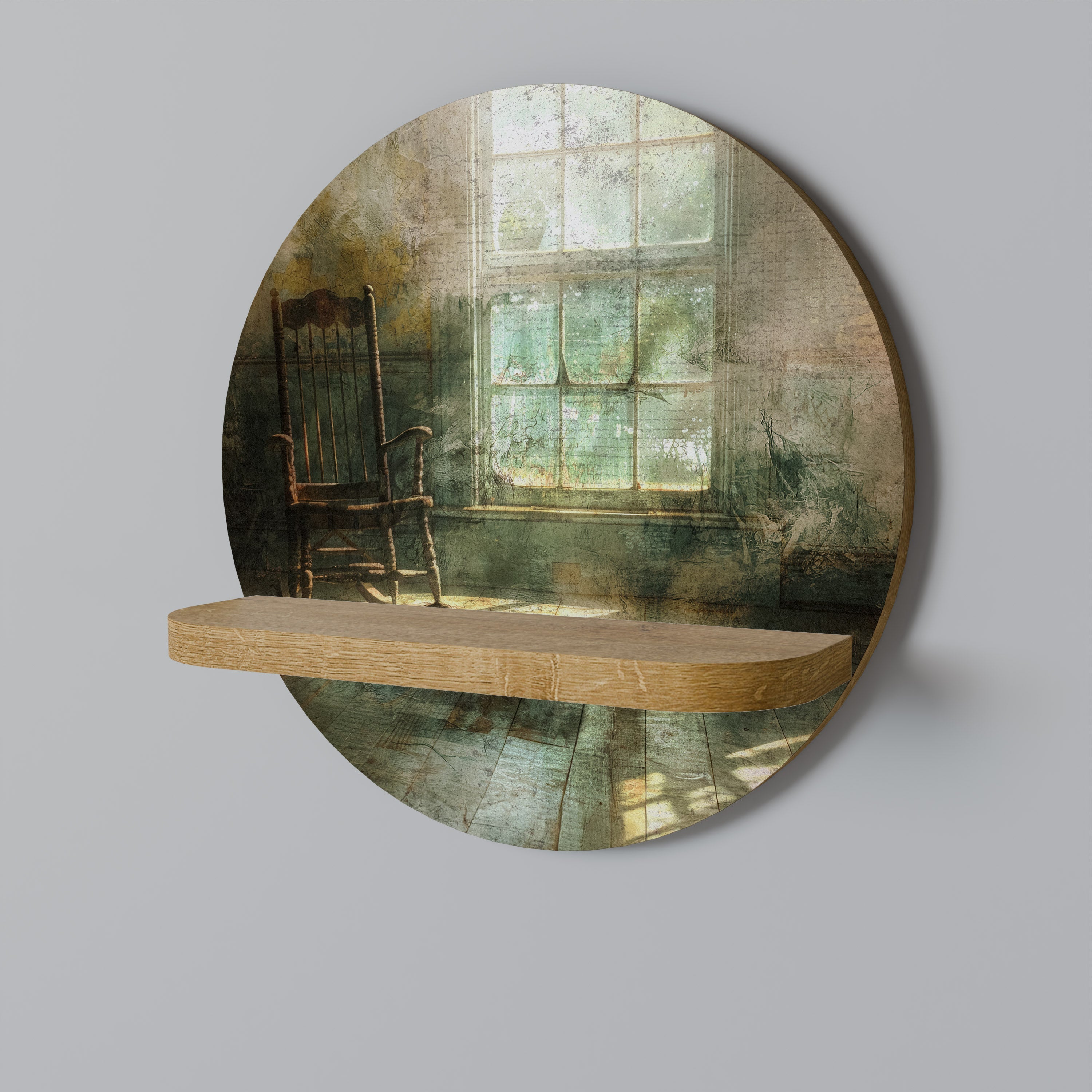 SUNLIT STILLNESS Round Art Shelf In Oak Effect