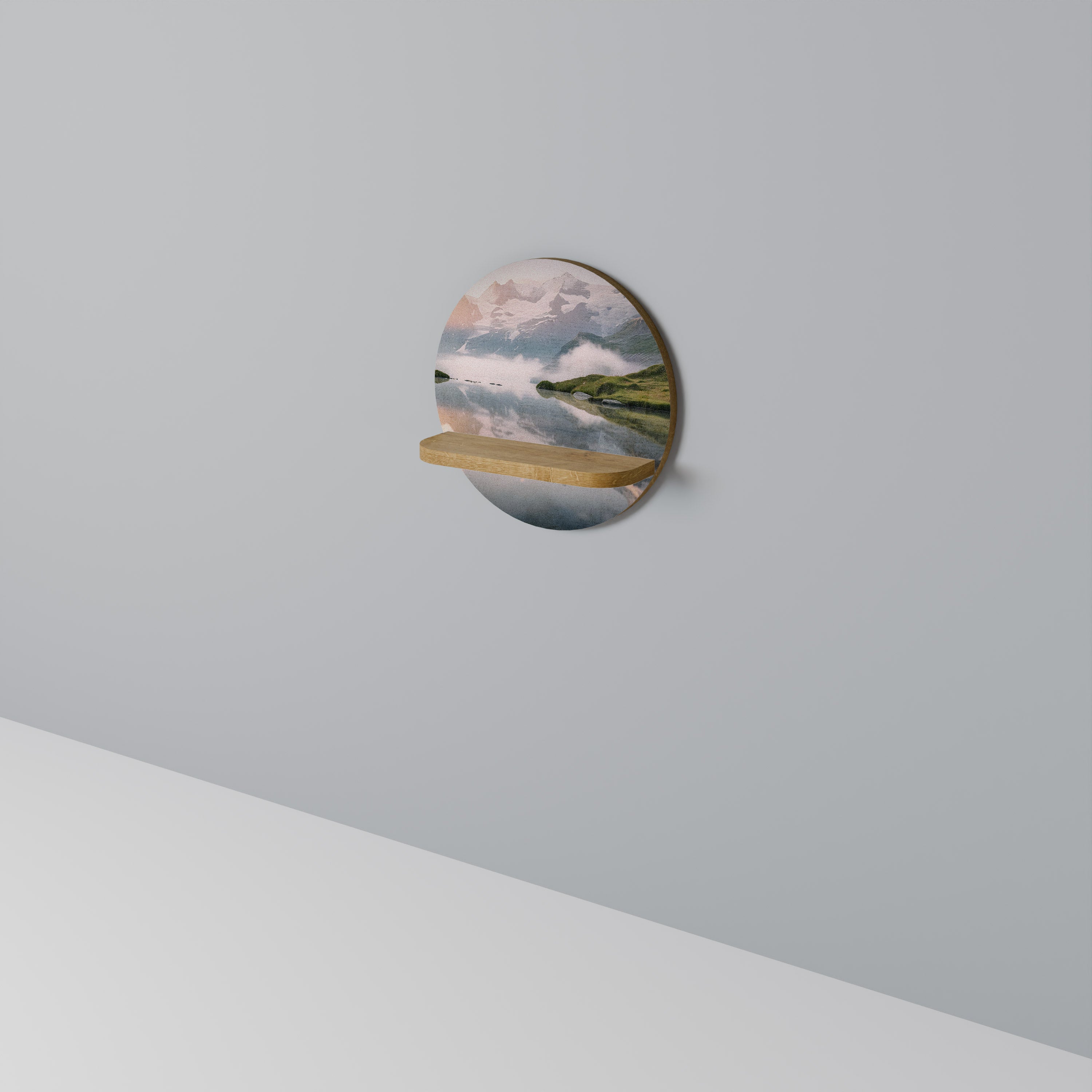 FOGGY HORIZON Round Art Shelf In Oak Effect