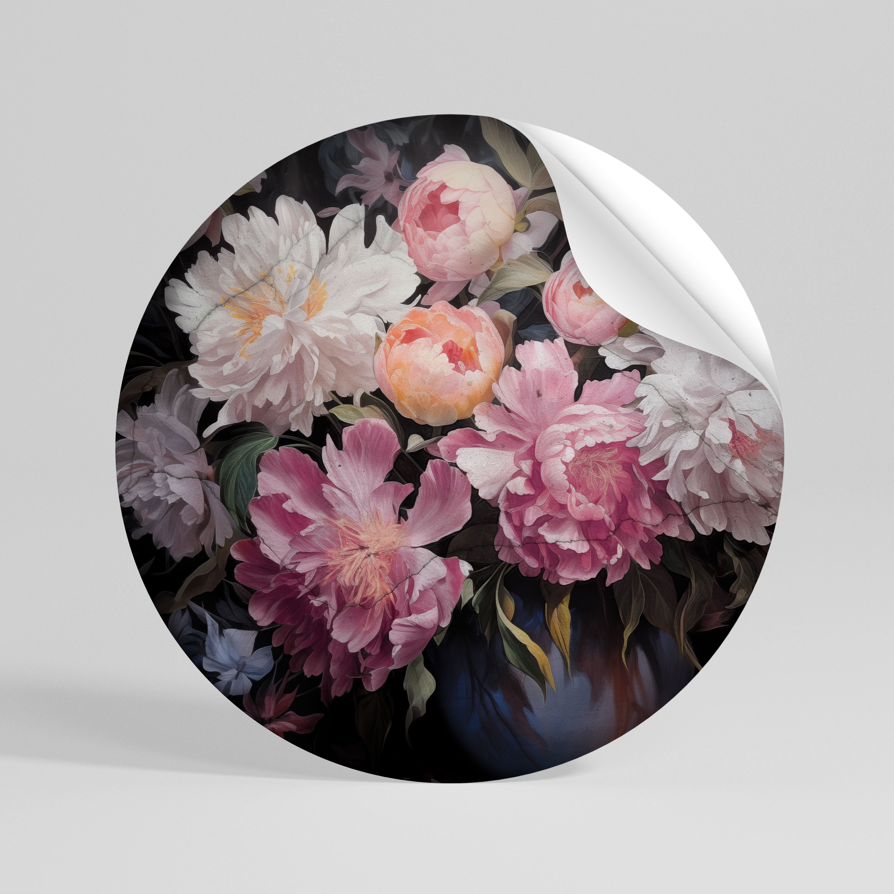 CRASHED PEONIES Peel and Stick Round Sticker