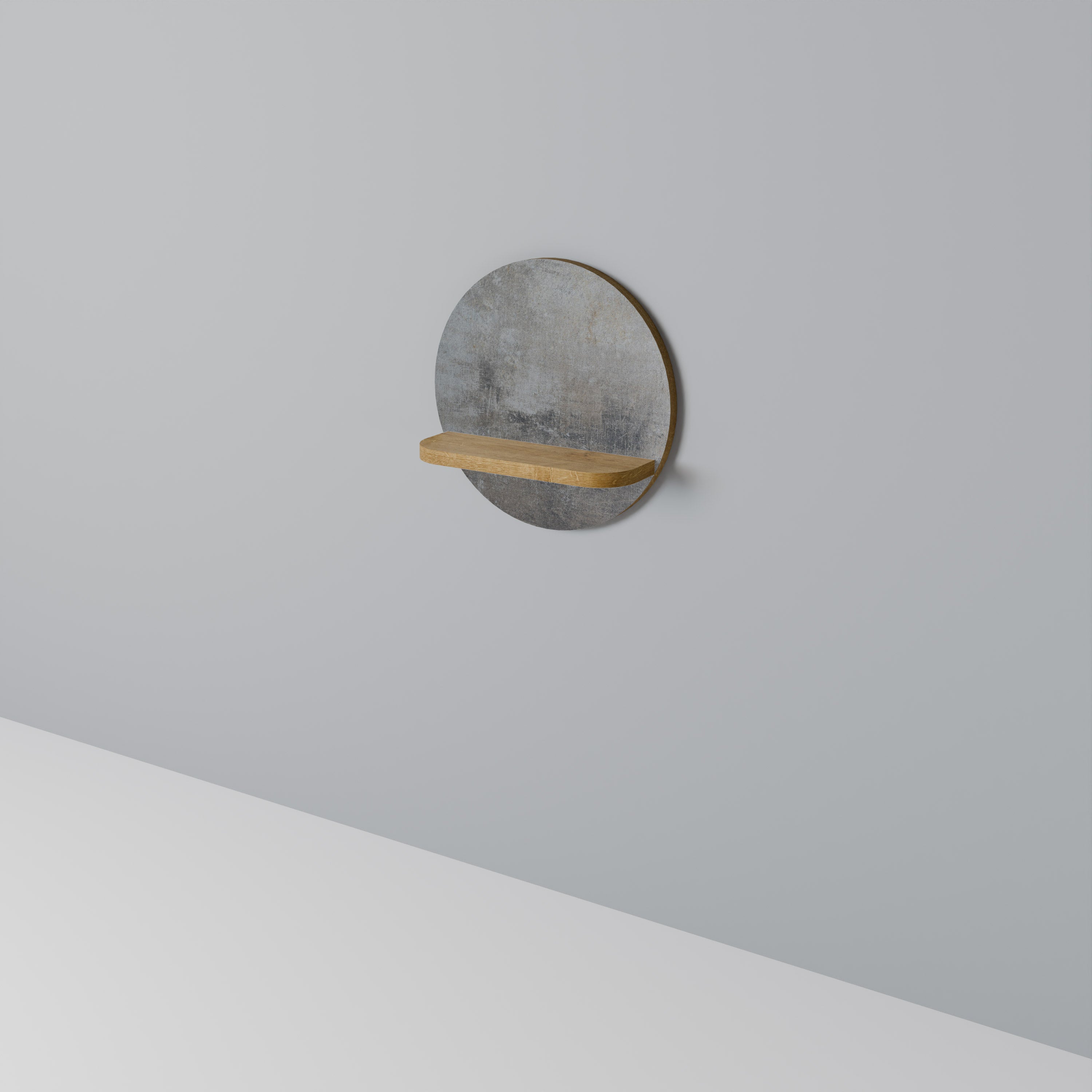 CONCRETE WALL Round Art Shelf In Oak Effect