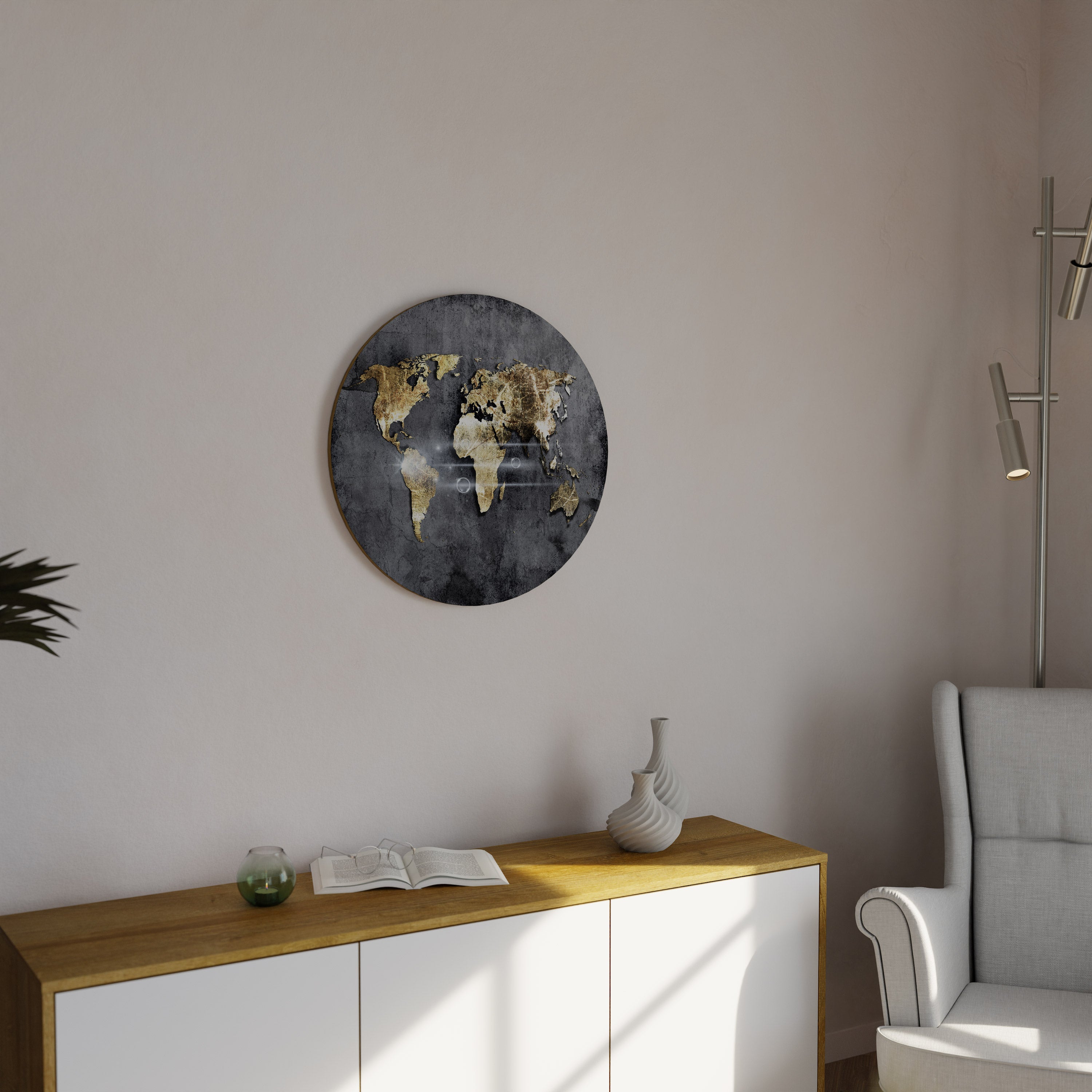 Runde Wandkunst „Schimmernde Erdkarte“