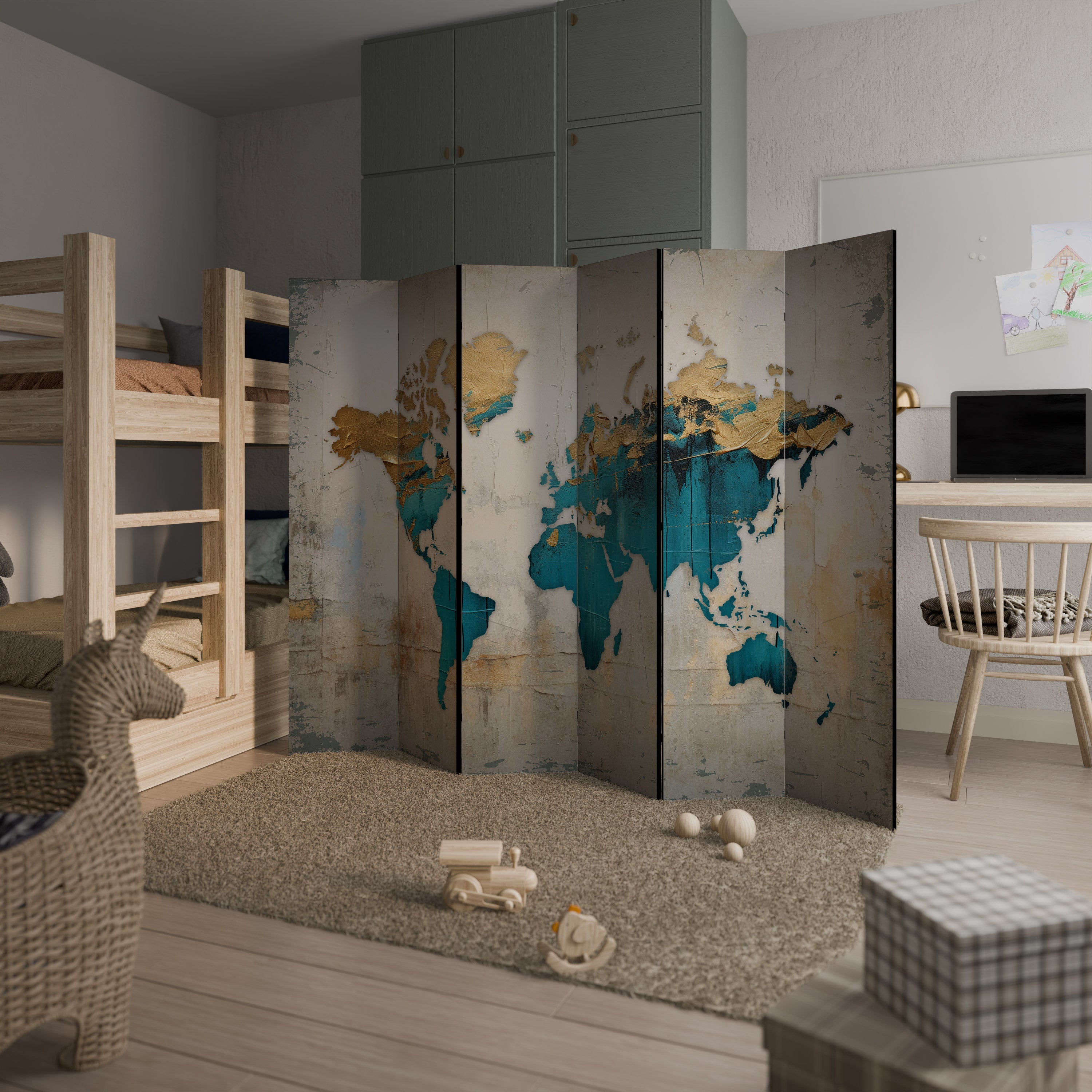 Dekorativer 6-teiliger Raumteiler „AZURE GILDED MAP“