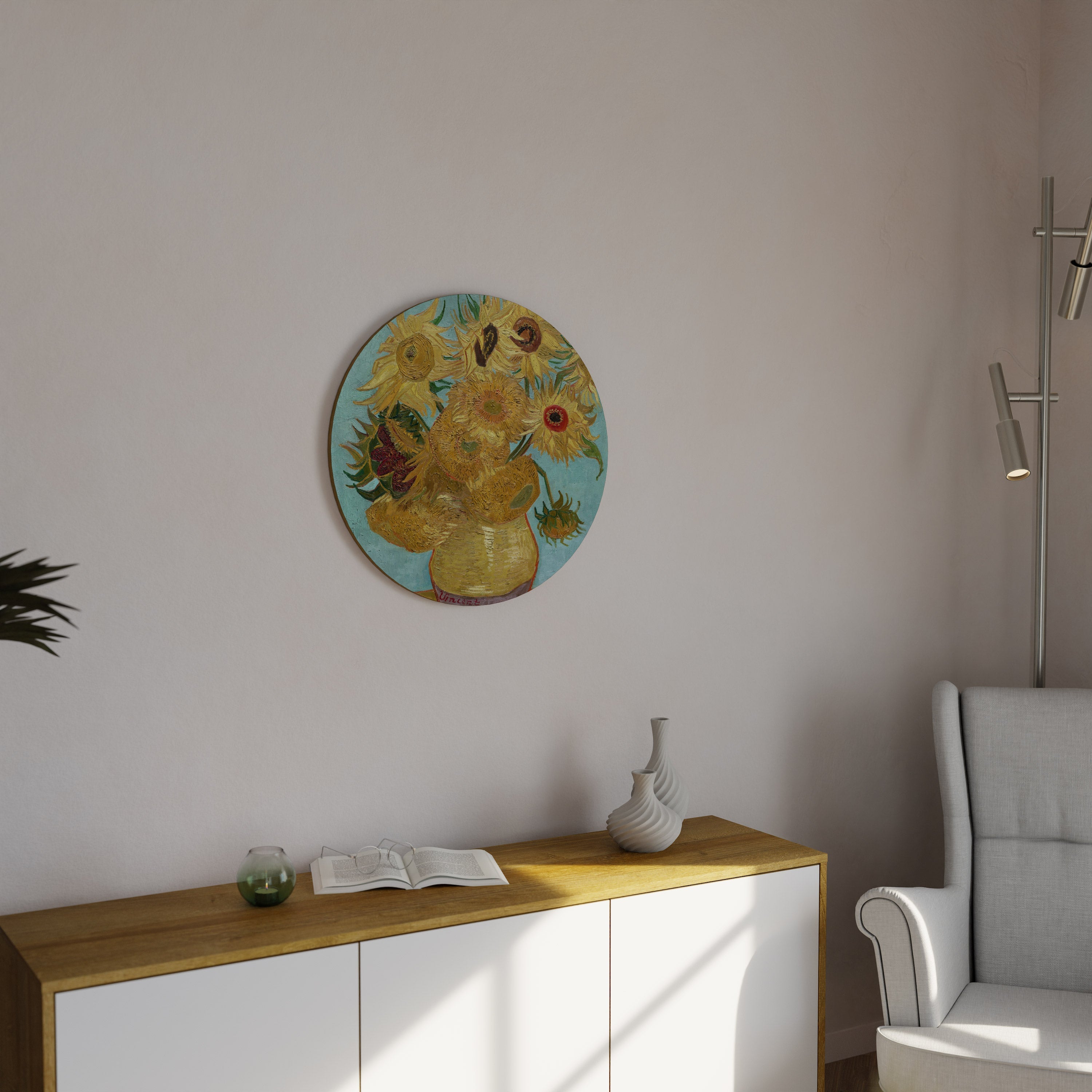 VASE MIT ZWÖLF SONNENBLUMEN Runde Wandkunst