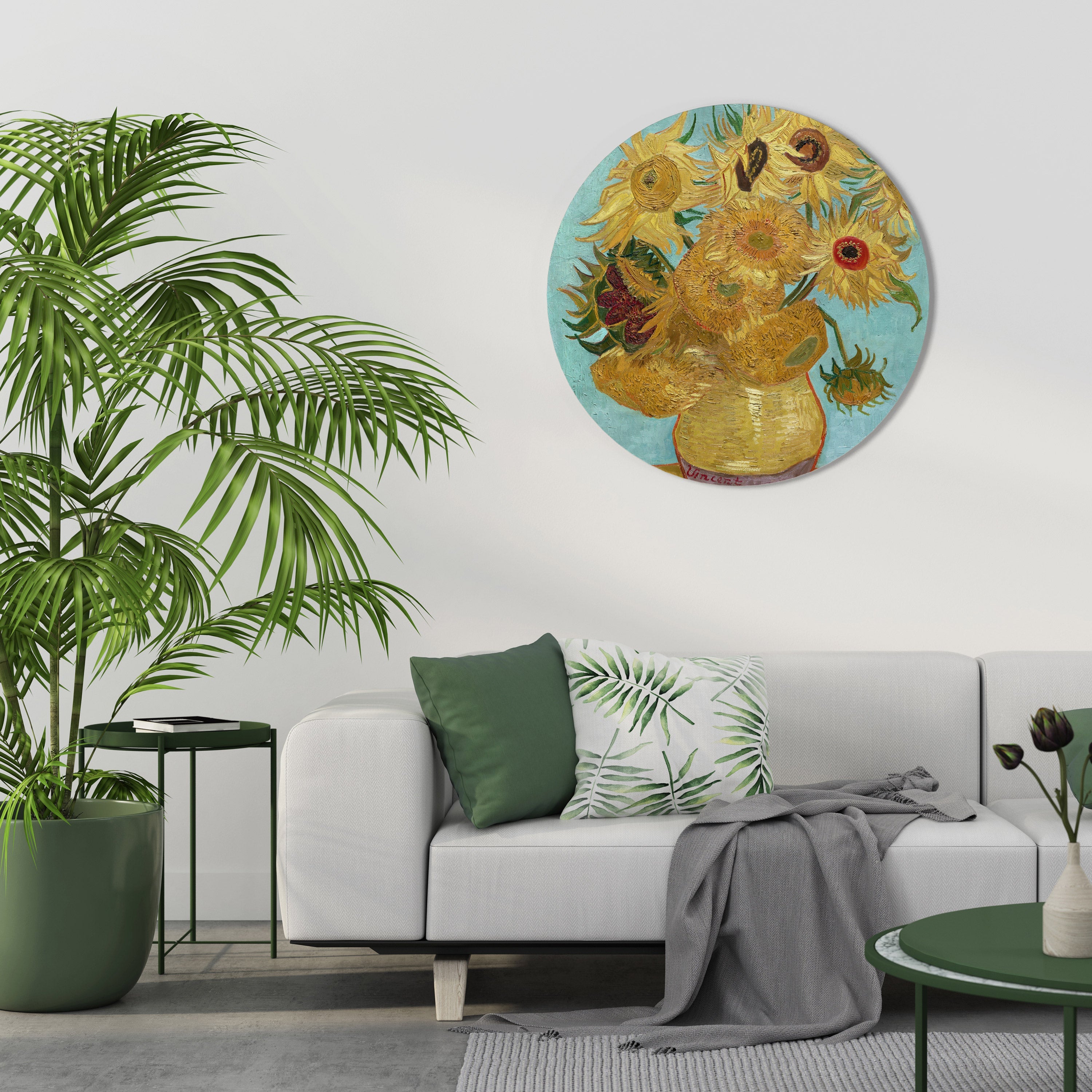 VASE MIT ZWÖLF SONNENBLUMEN Runde Wandkunst