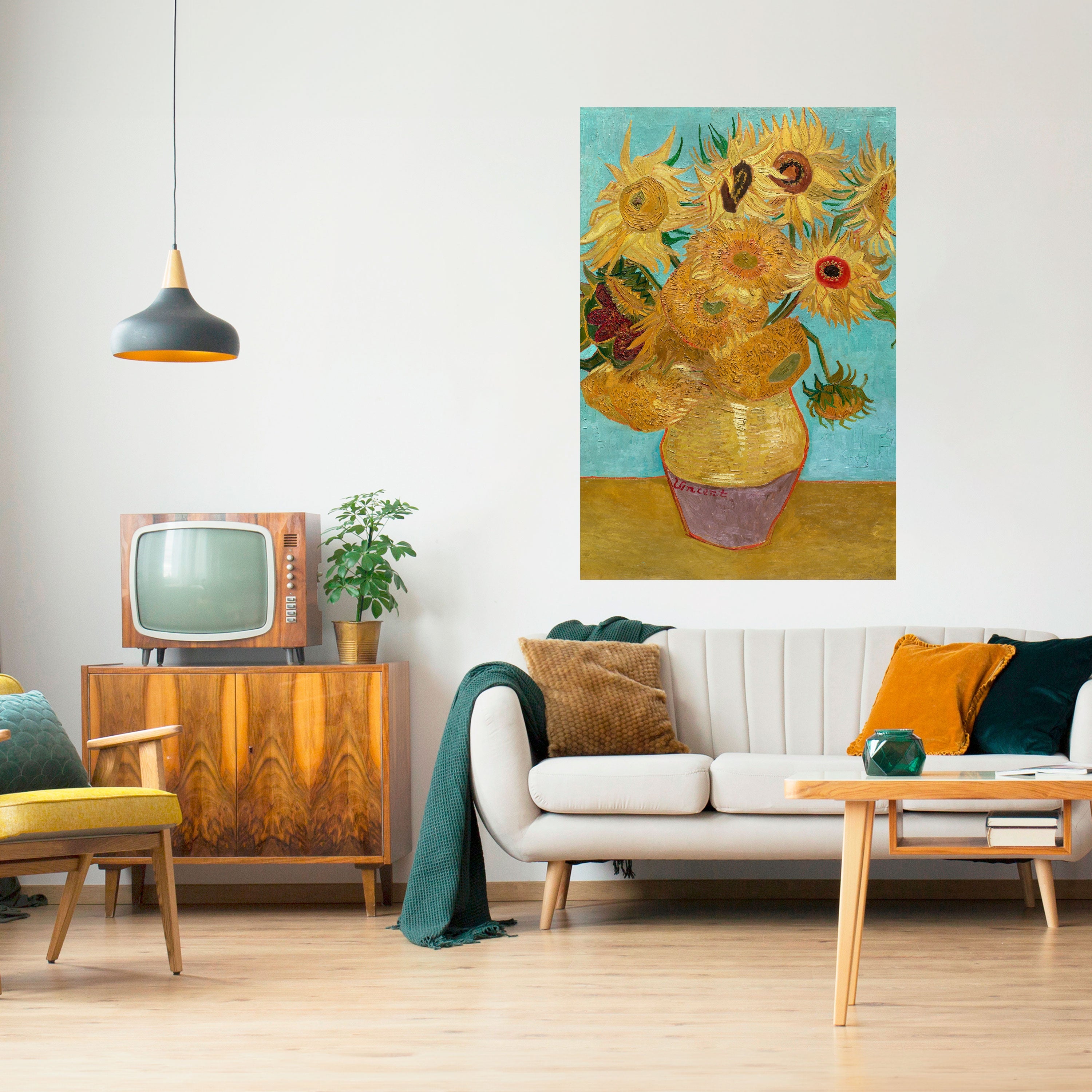 VASE MIT ZWÖLF SONNENBLUMEN Vertikales Poster zum Abziehen und Aufkleben