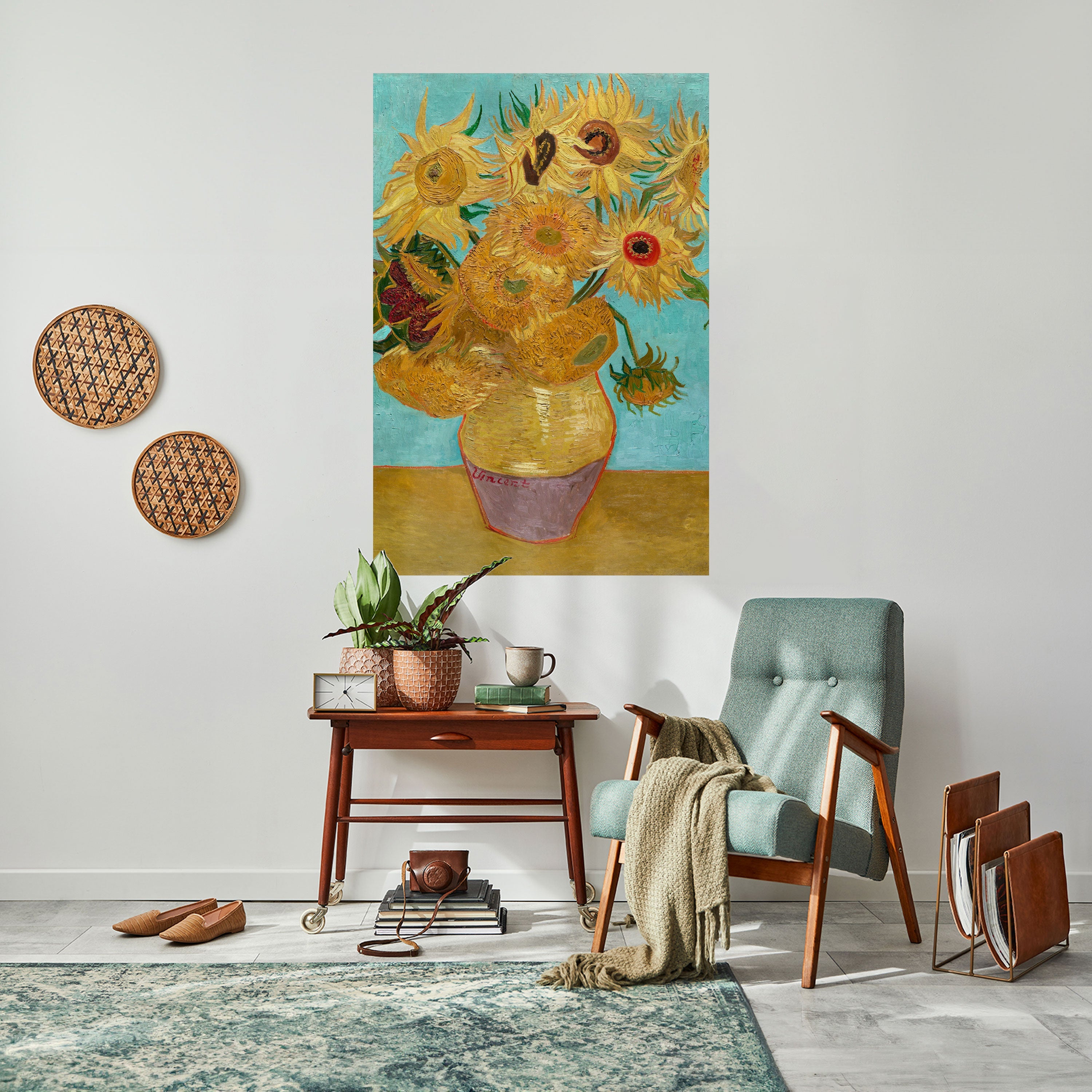 VASE MIT ZWÖLF SONNENBLUMEN Vertikales Poster zum Abziehen und Aufkleben