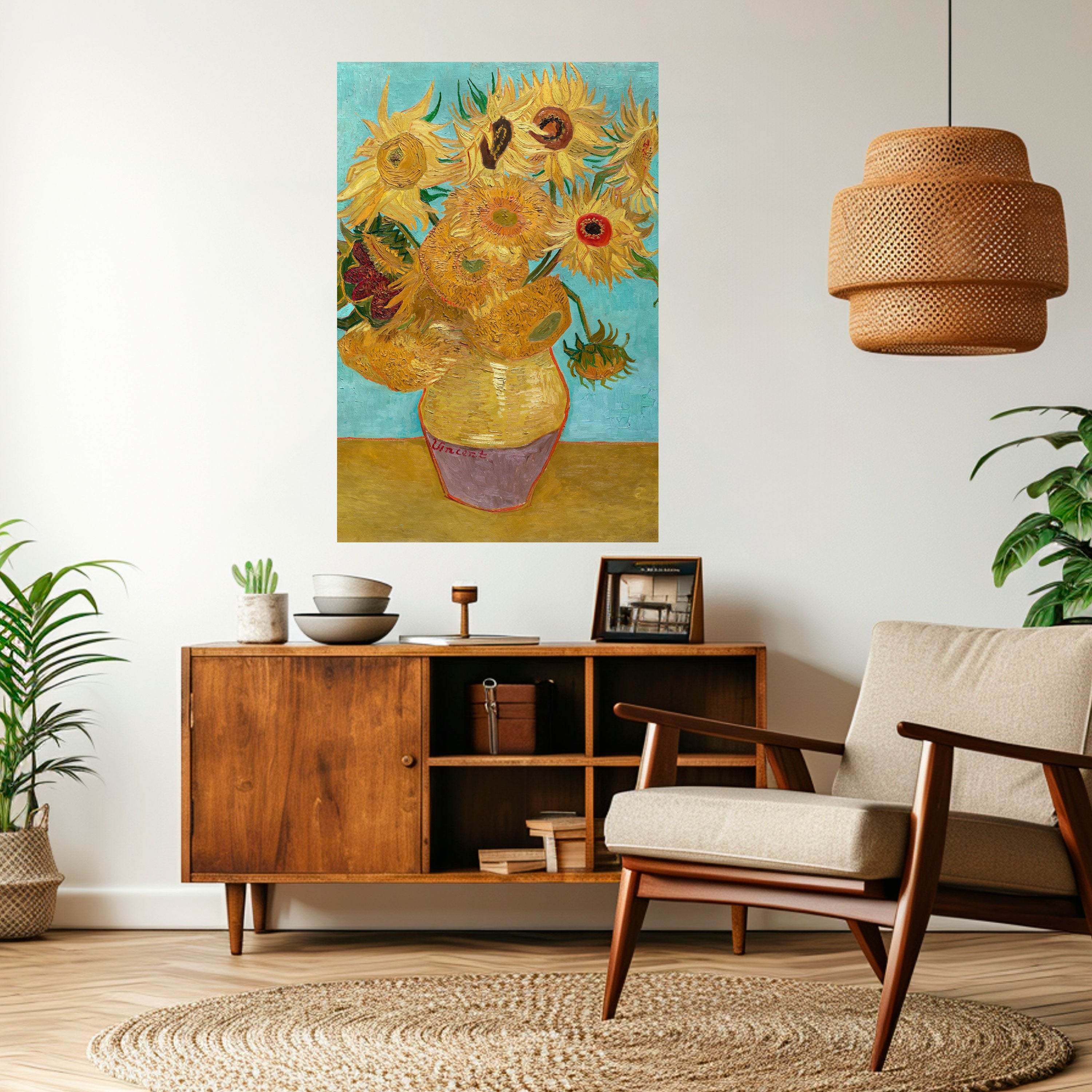 VASE MIT ZWÖLF SONNENBLUMEN Vertikales Poster zum Abziehen und Aufkleben