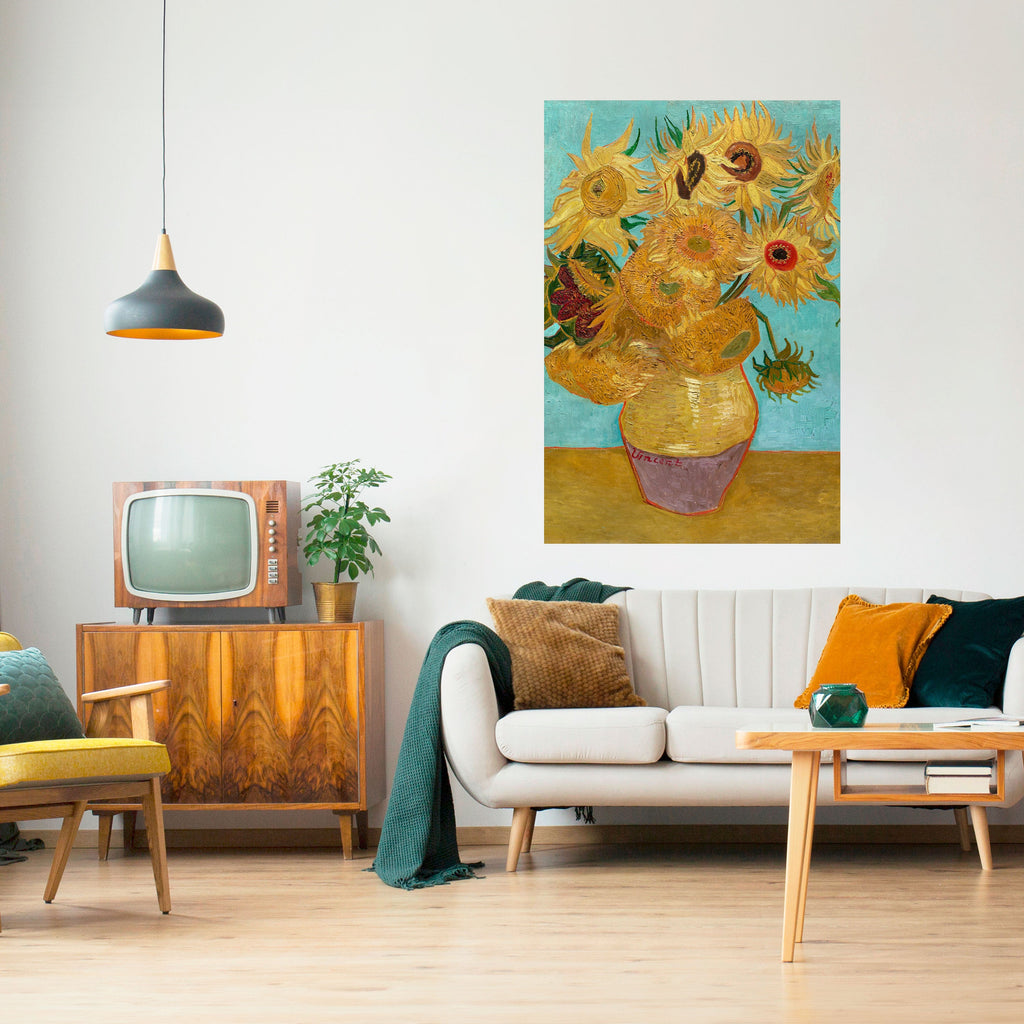 VASE MIT ZWÖLF SONNENBLUMEN Vertikales Poster zum Abziehen und Aufkleben