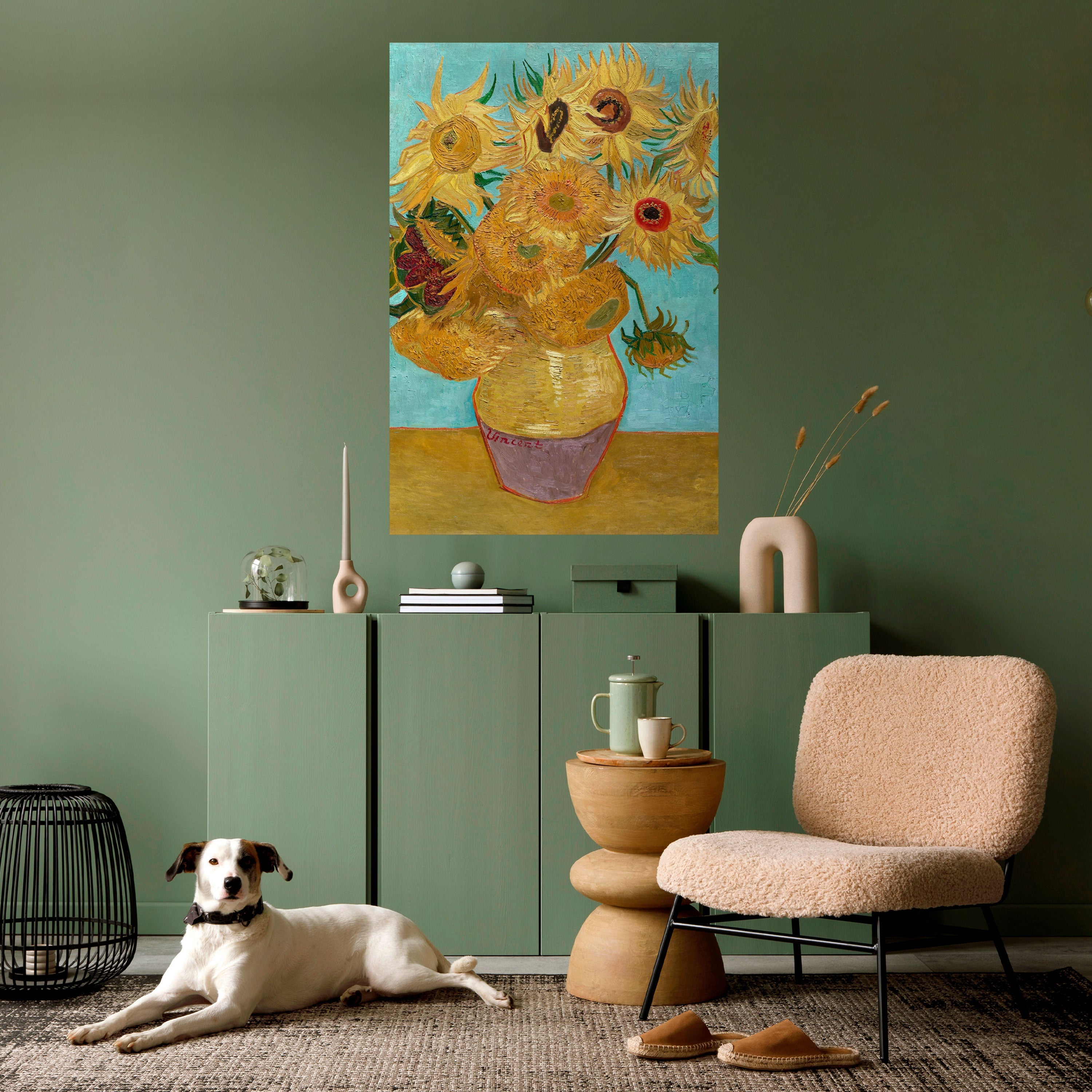 VASE MIT ZWÖLF SONNENBLUMEN Vertikales Poster zum Abziehen und Aufkleben