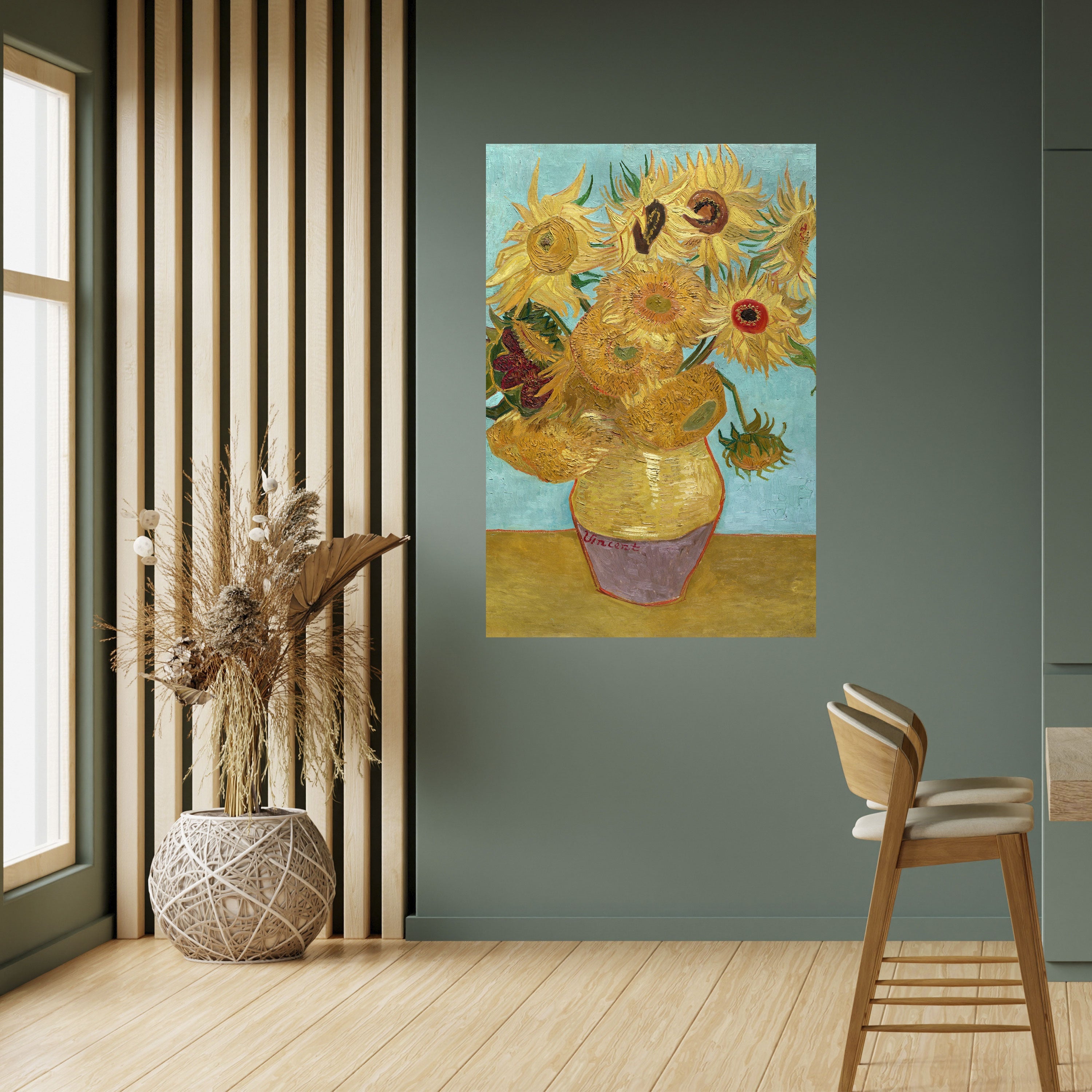 VASE MIT ZWÖLF SONNENBLUMEN Vertikales Poster zum Abziehen und Aufkleben