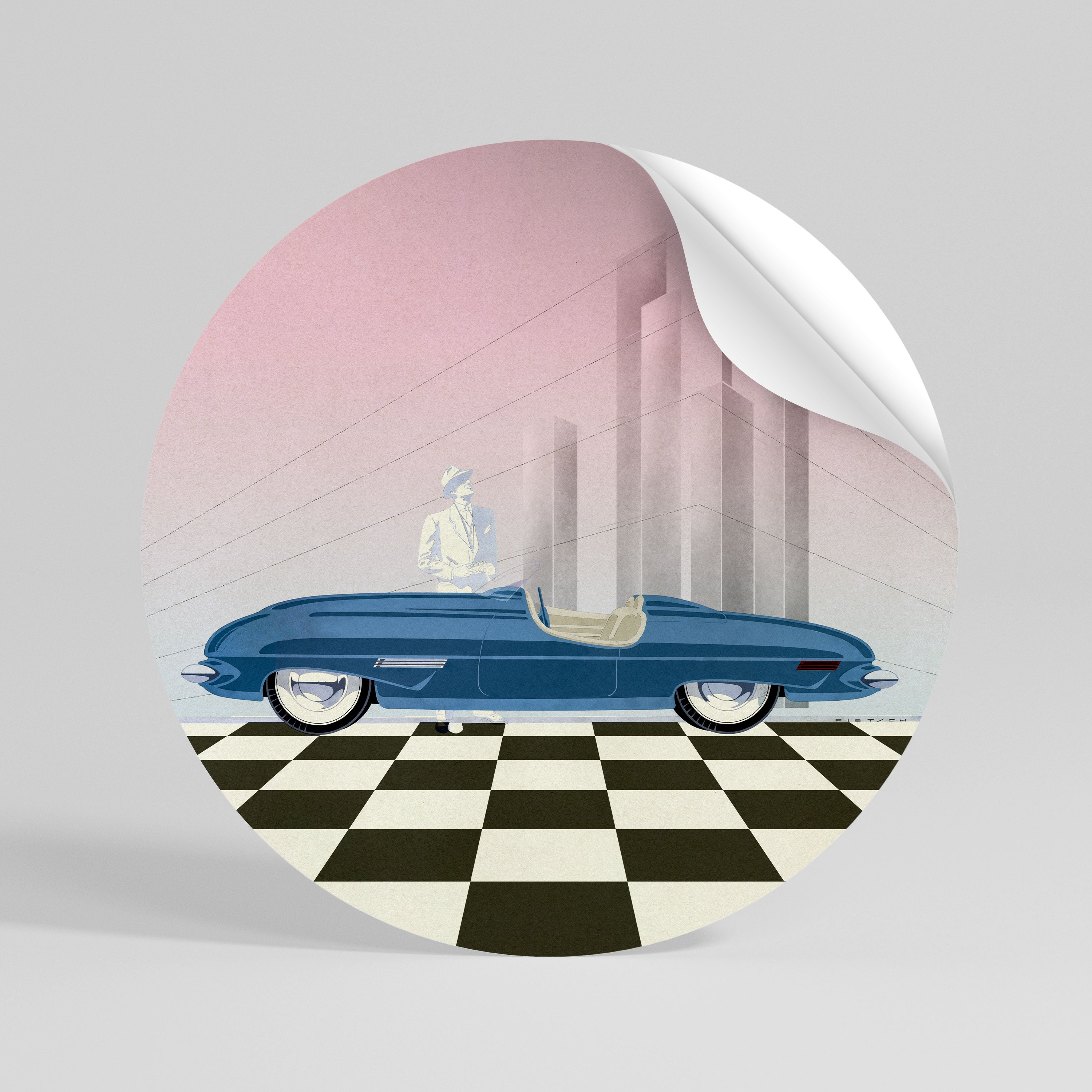 BLUE ROADSTER Peel and Stick Round Sticker