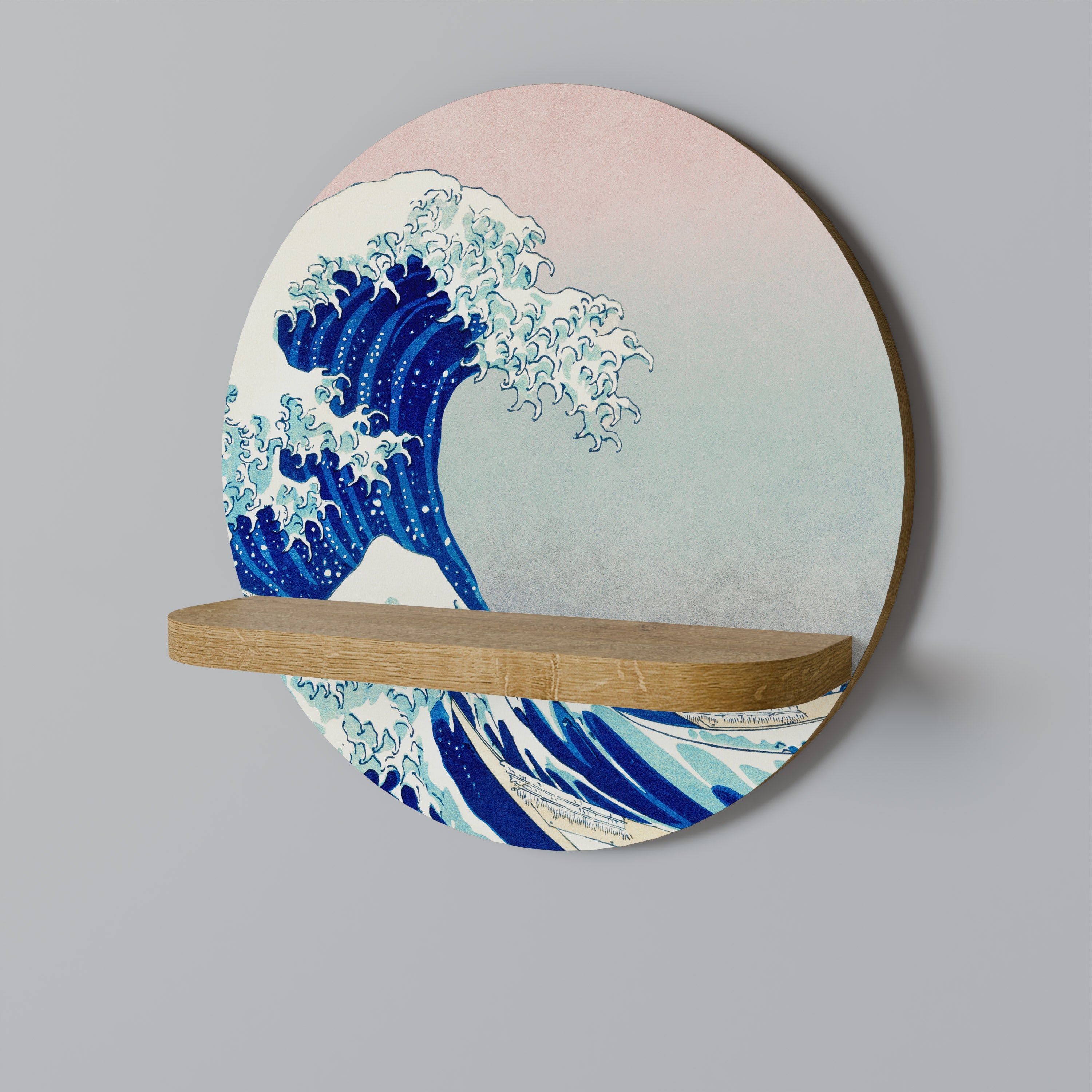 THE GREAT WAVE Rundes Kunstregal in Eichenoptik