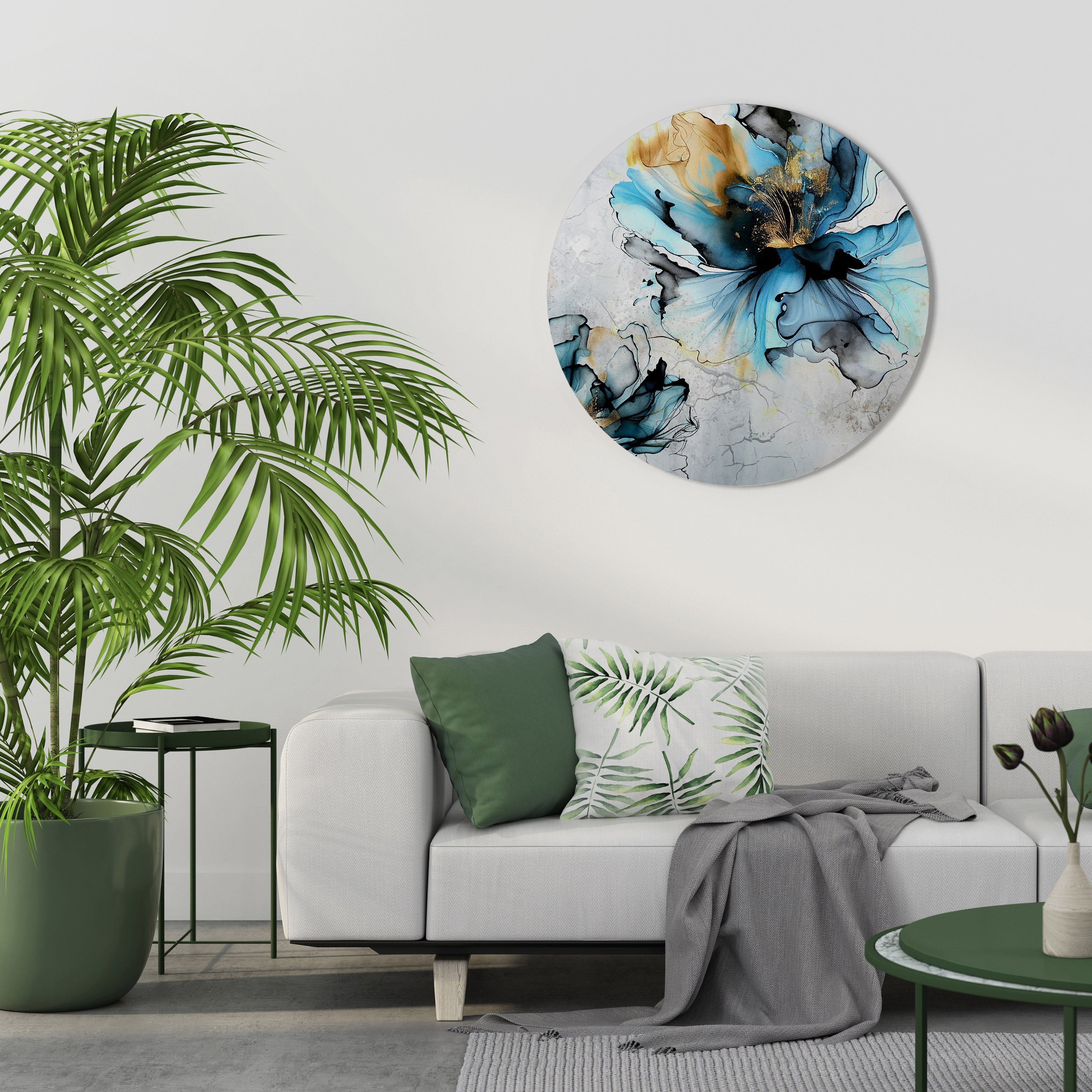Runde Wandkunst „Kobaltblüten“