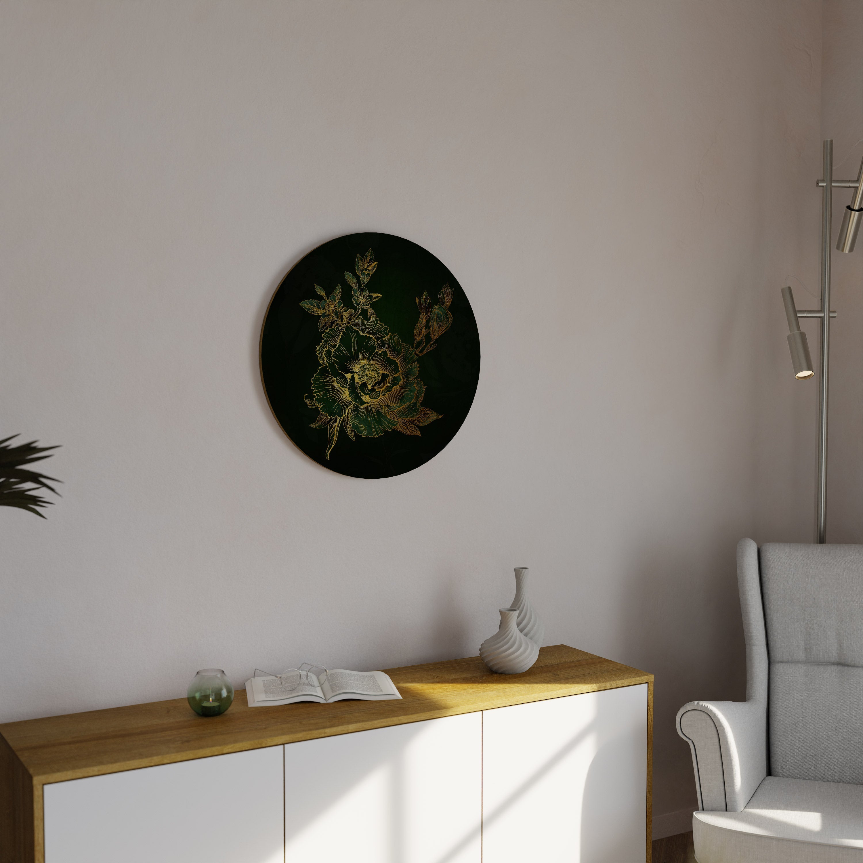 MIDNIGHT FLORAL GLIMMER Runde Wandkunst