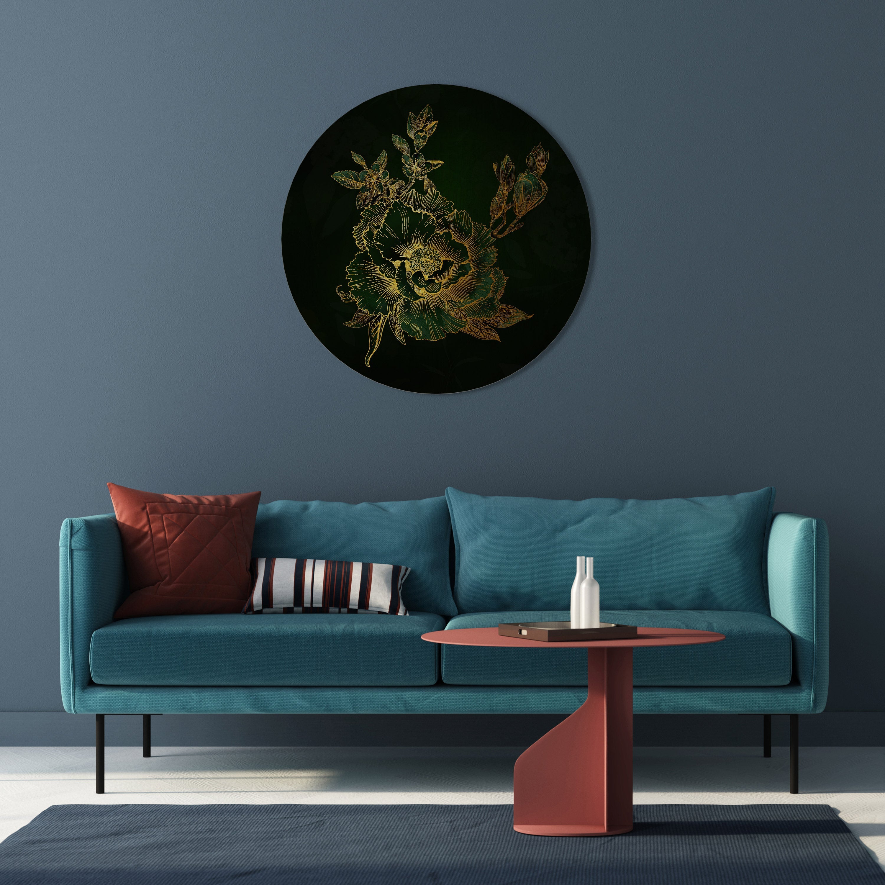 MIDNIGHT FLORAL GLIMMER Runde Wandkunst
