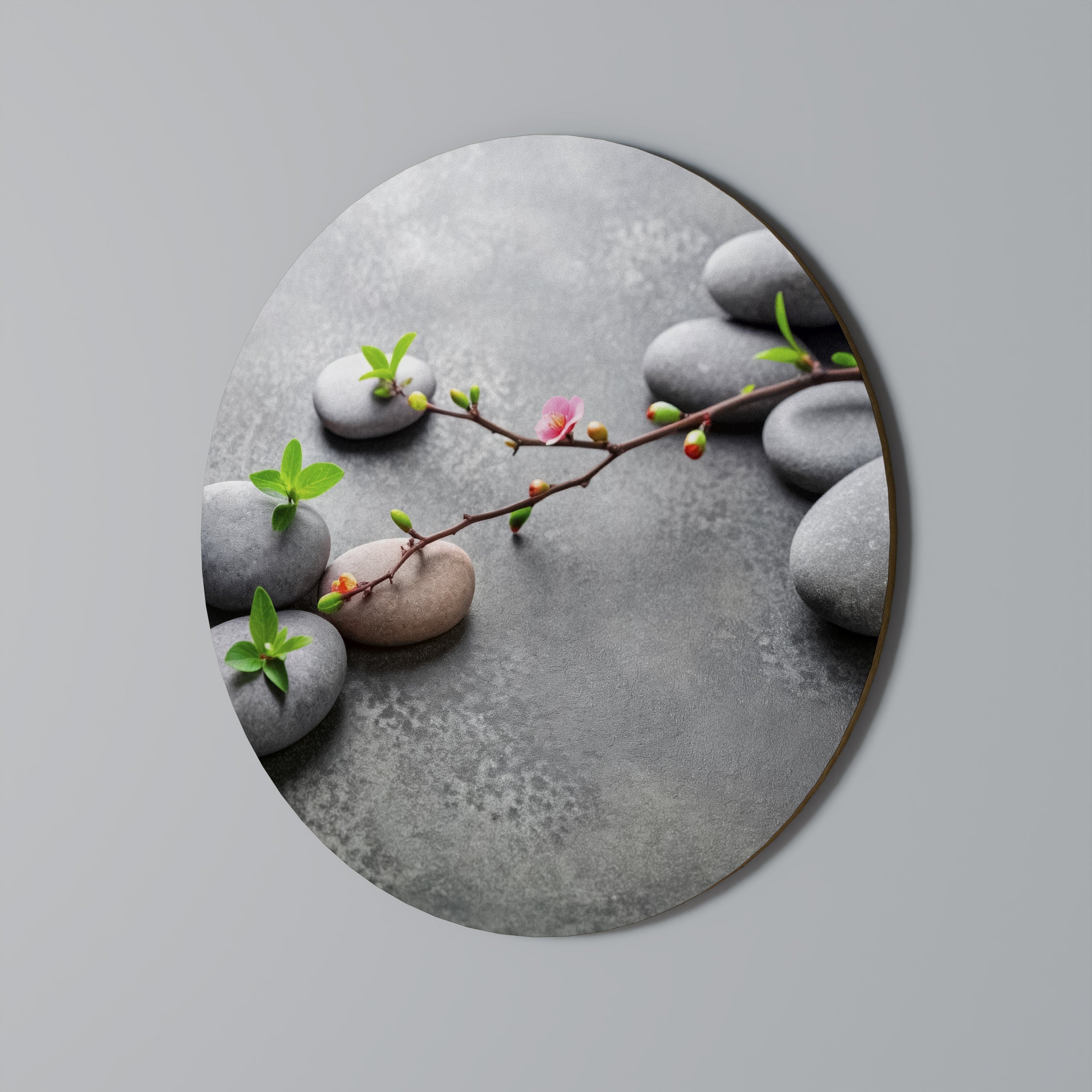 Runde Wandkunst „Steinen und Blüten“