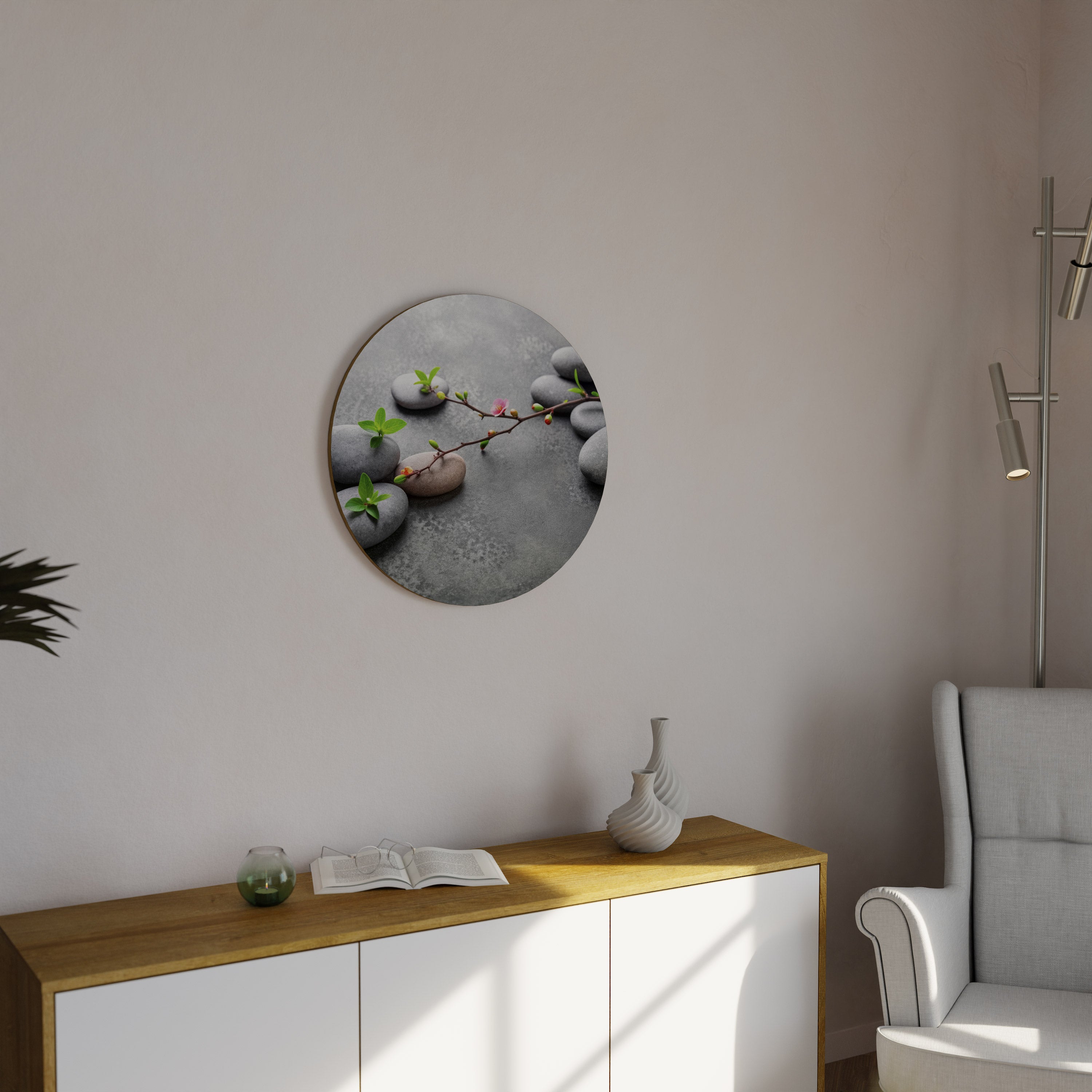 Runde Wandkunst „Steinen und Blüten“