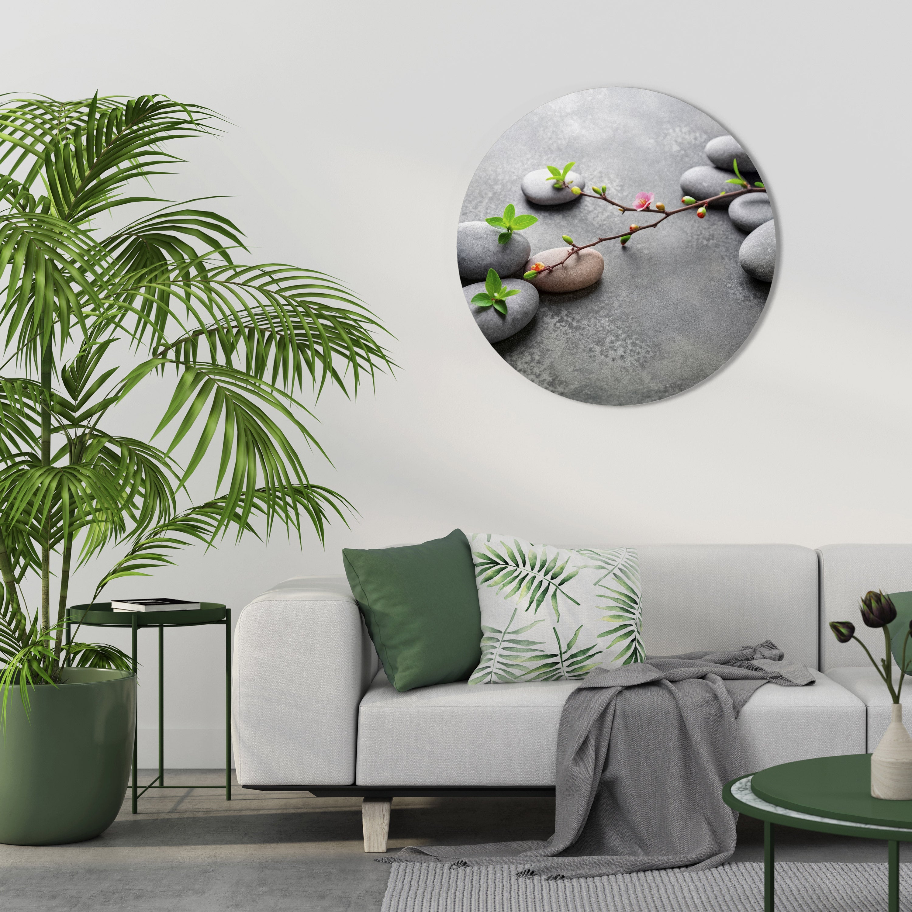 Runde Wandkunst „Steinen und Blüten“