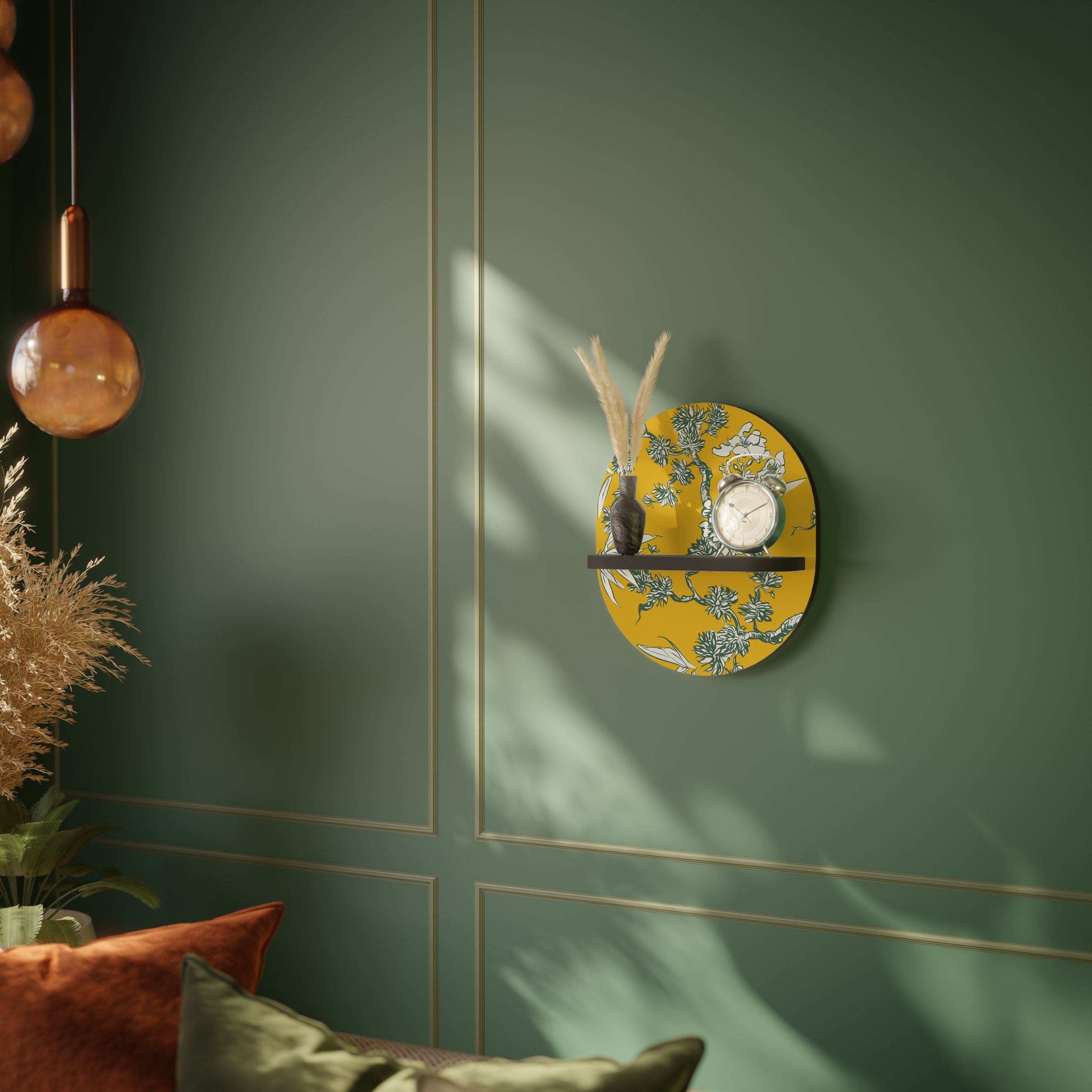 YELLOW CHINOISERIE Ovales Kunstregal in schwarzem Finish