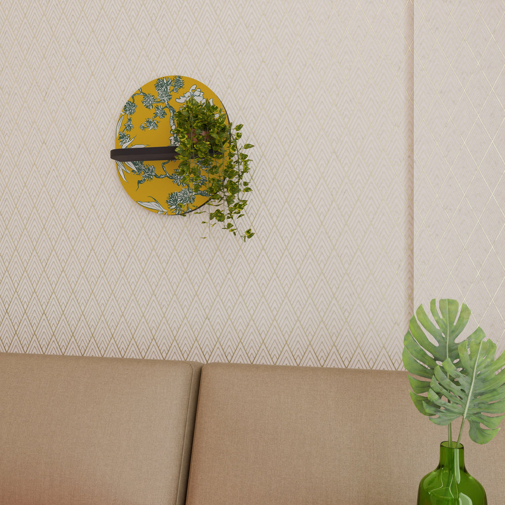 YELLOW CHINOISERIE Ovales Kunstregal in schwarzem Finish