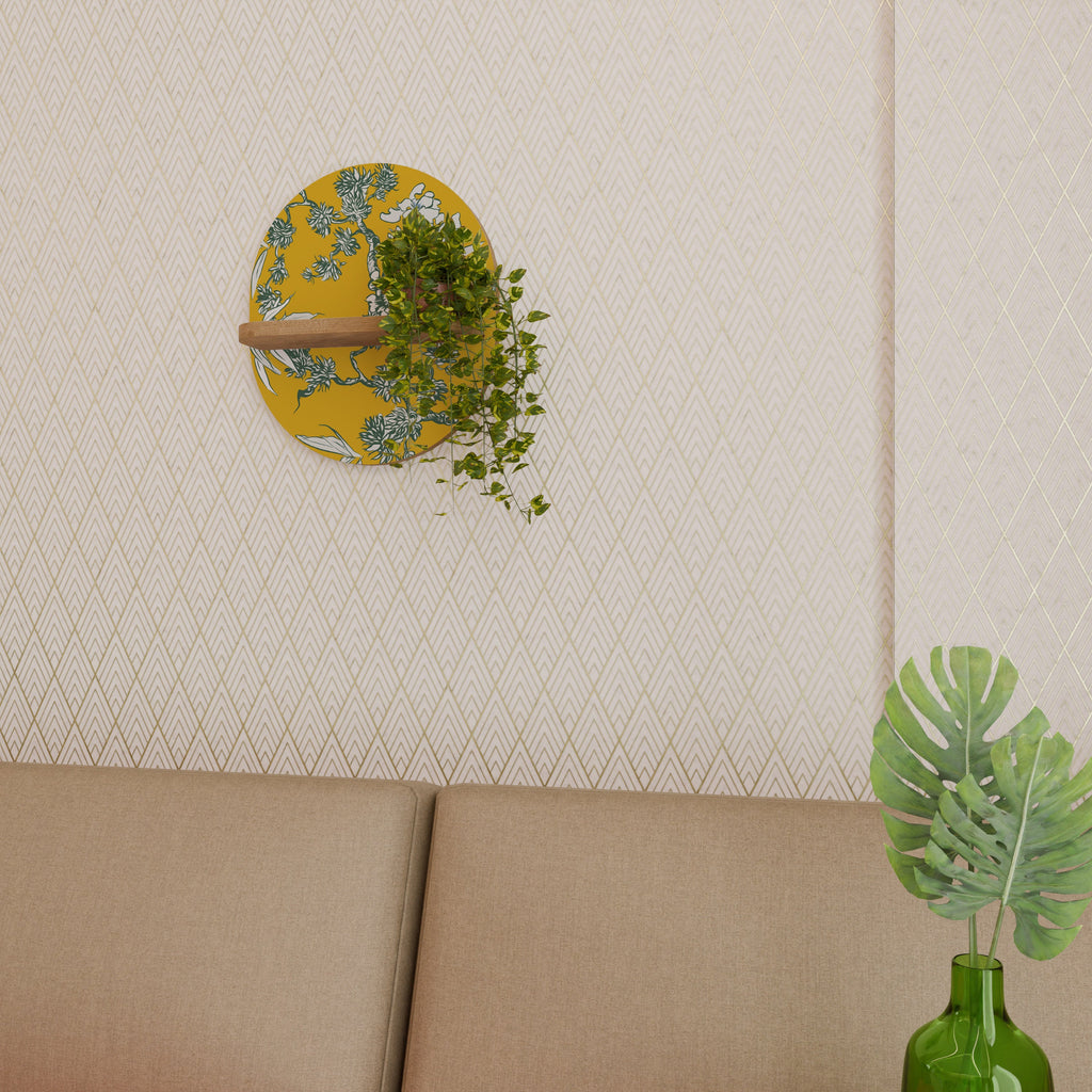 GELBES CHINOISERIE Ovales Kunstregal in Eichenoptik
