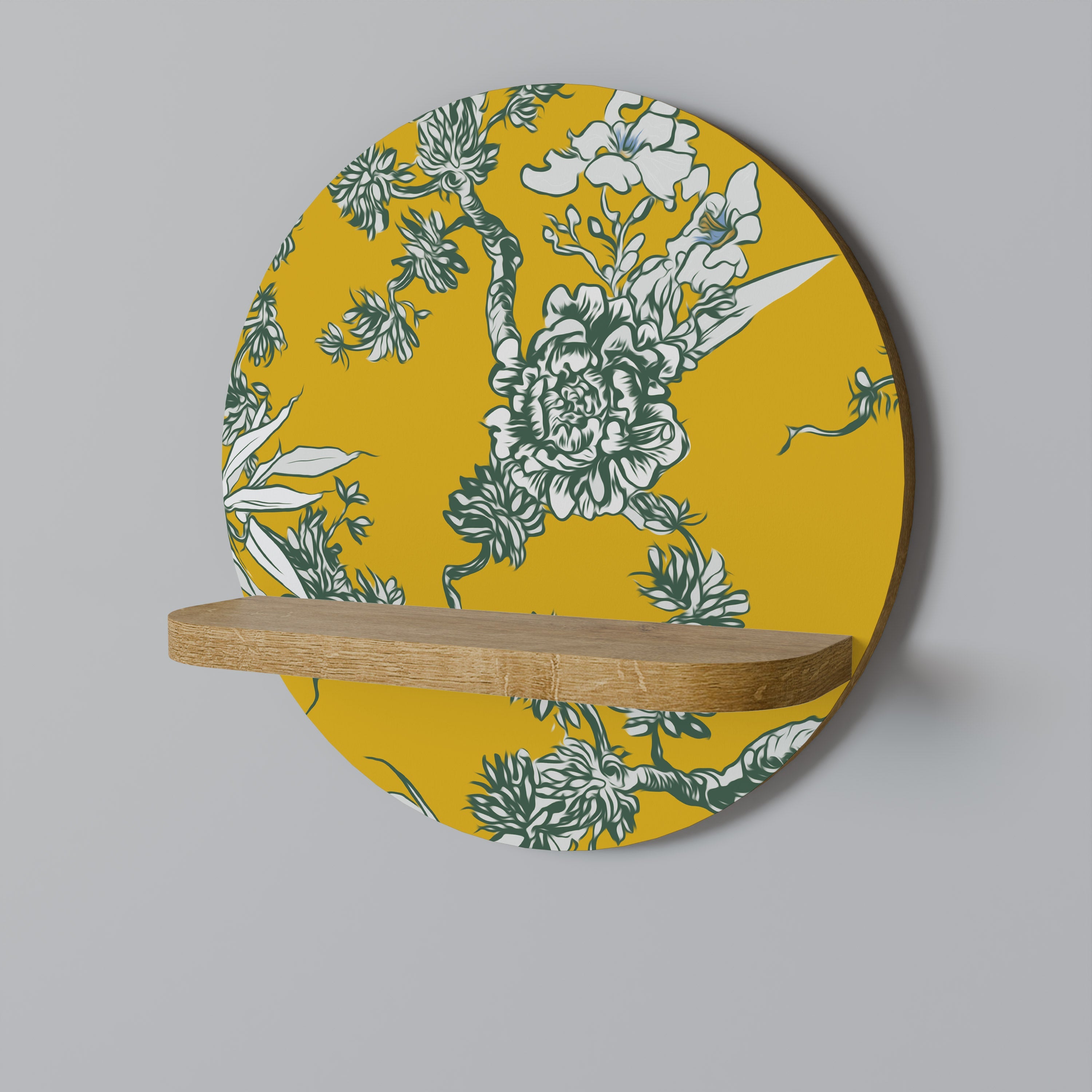 GELBES CHINOISERIE-Kunstregal in runder Eichenoptik