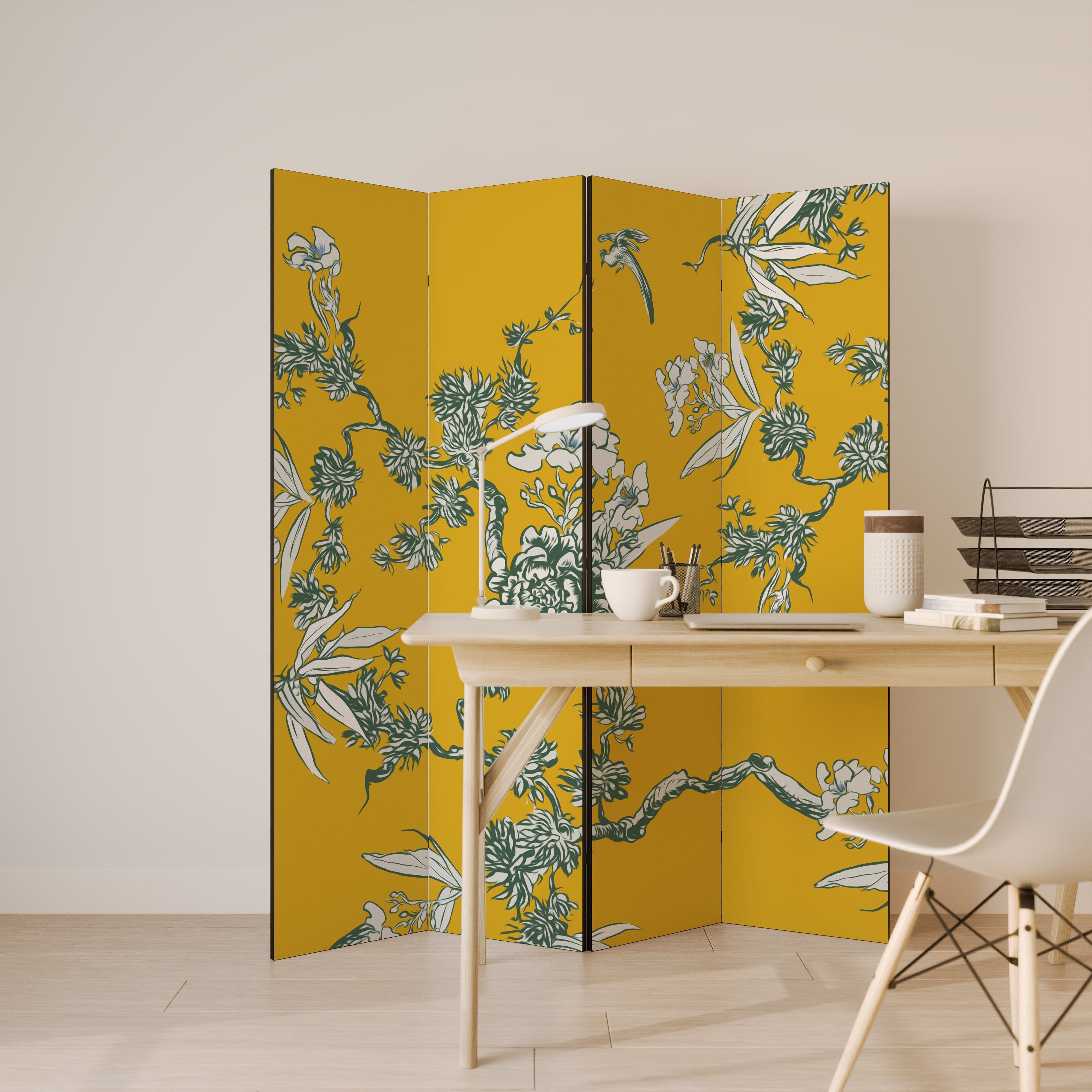 GELB CHINOISERIE Dekorativer 4-teiliger Raumteiler