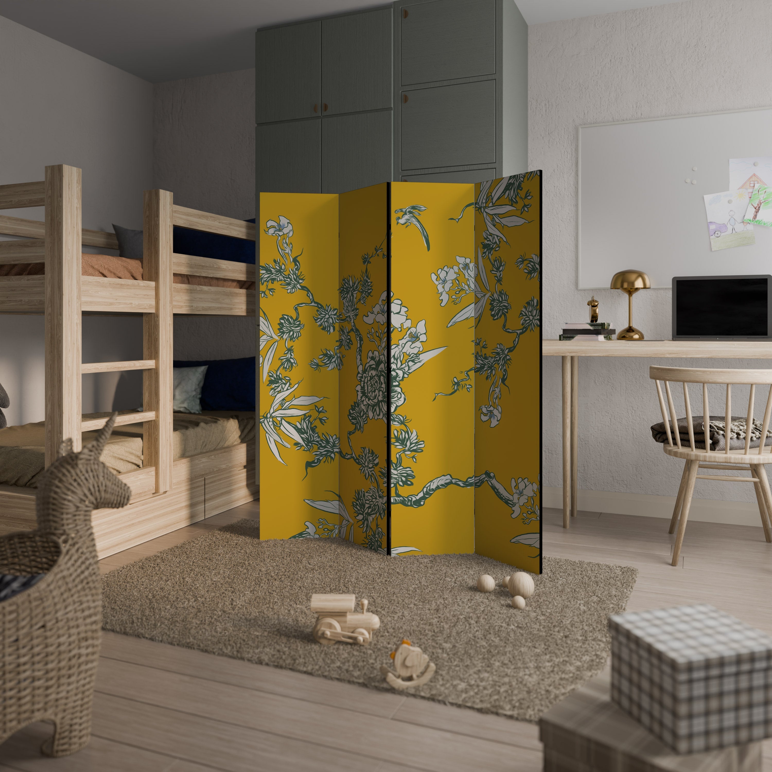 GELB CHINOISERIE Dekorativer 4-teiliger Raumteiler