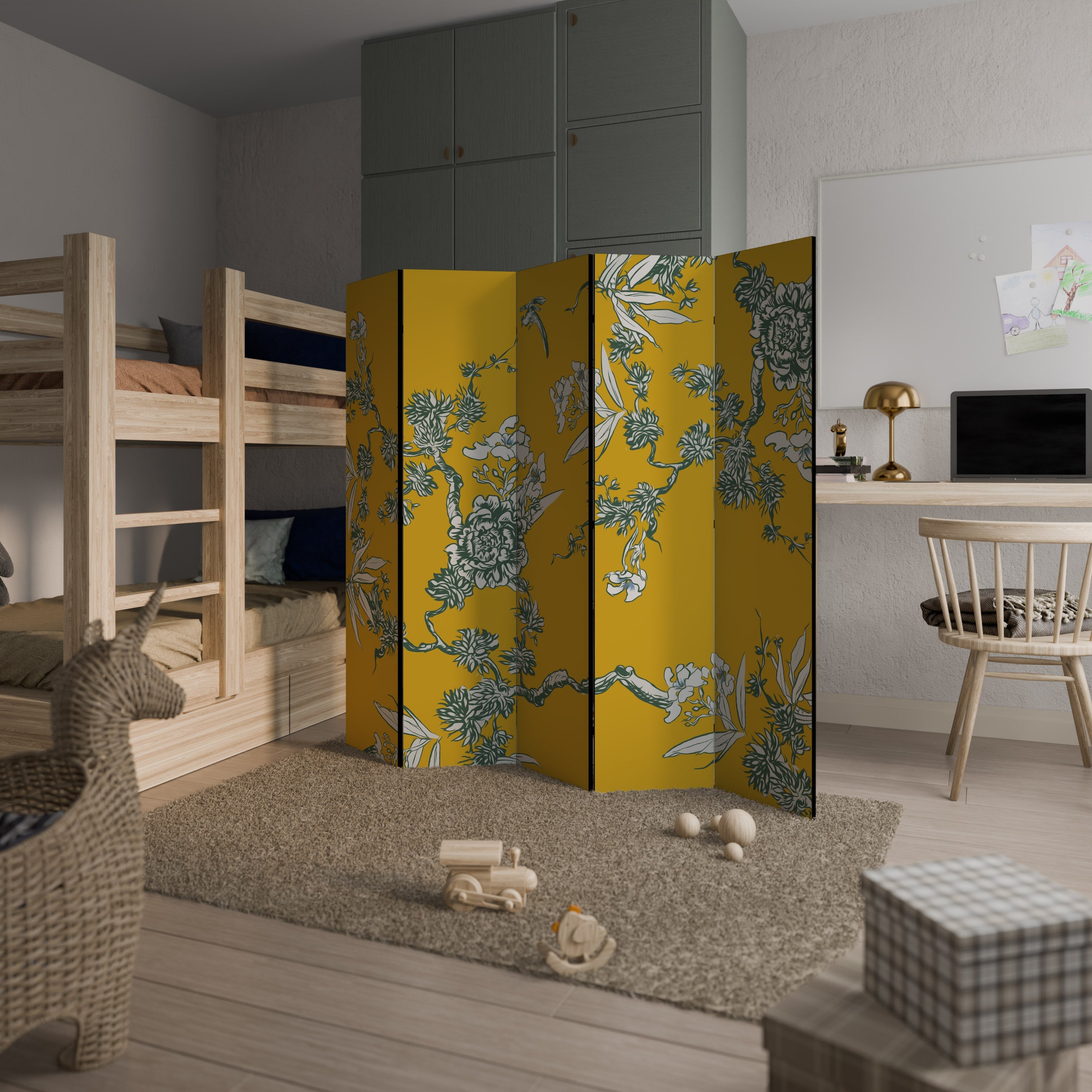 GELB CHINOISERIE Dekorativer 5-teiliger Raumteiler