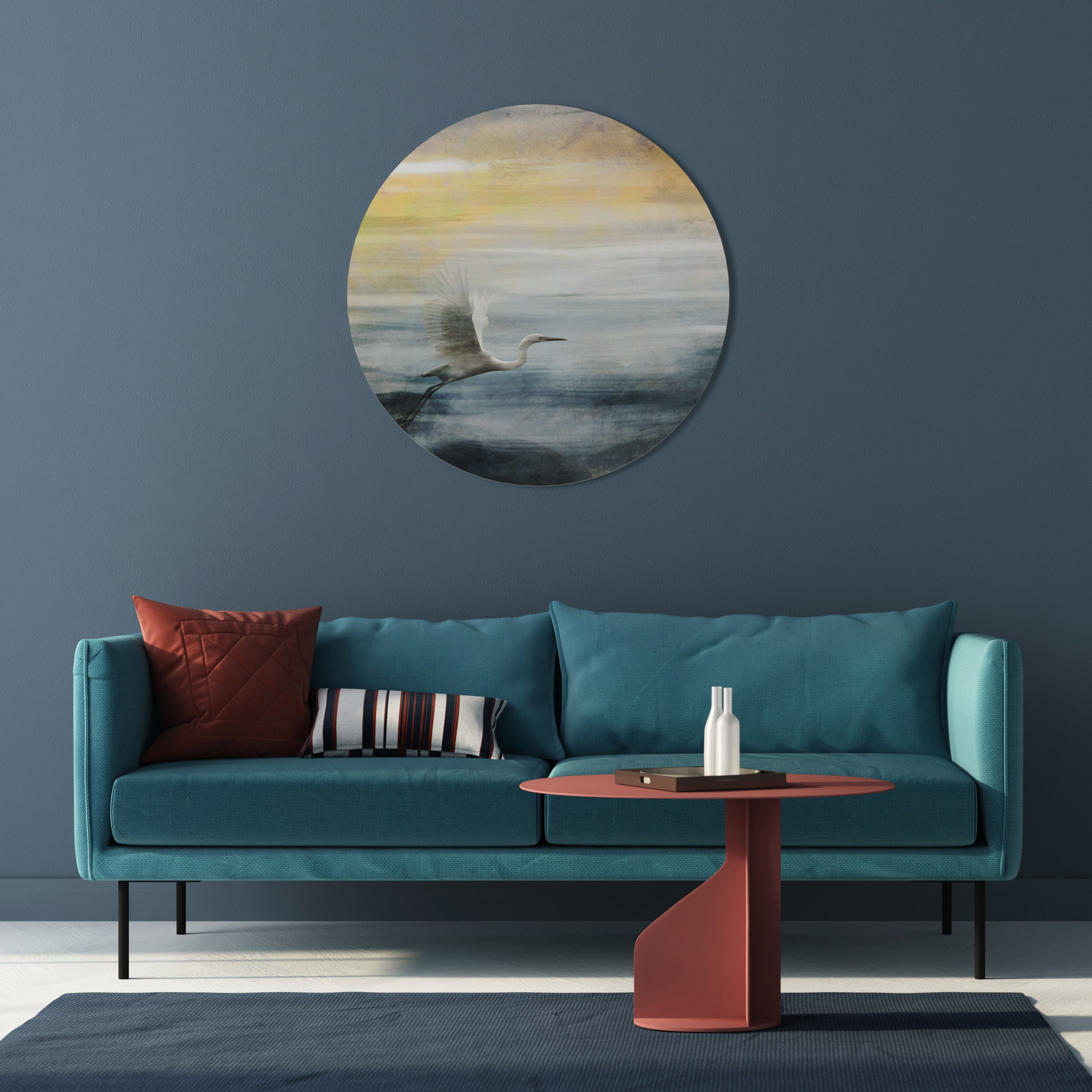HERON IN FLY Runde Wandkunst