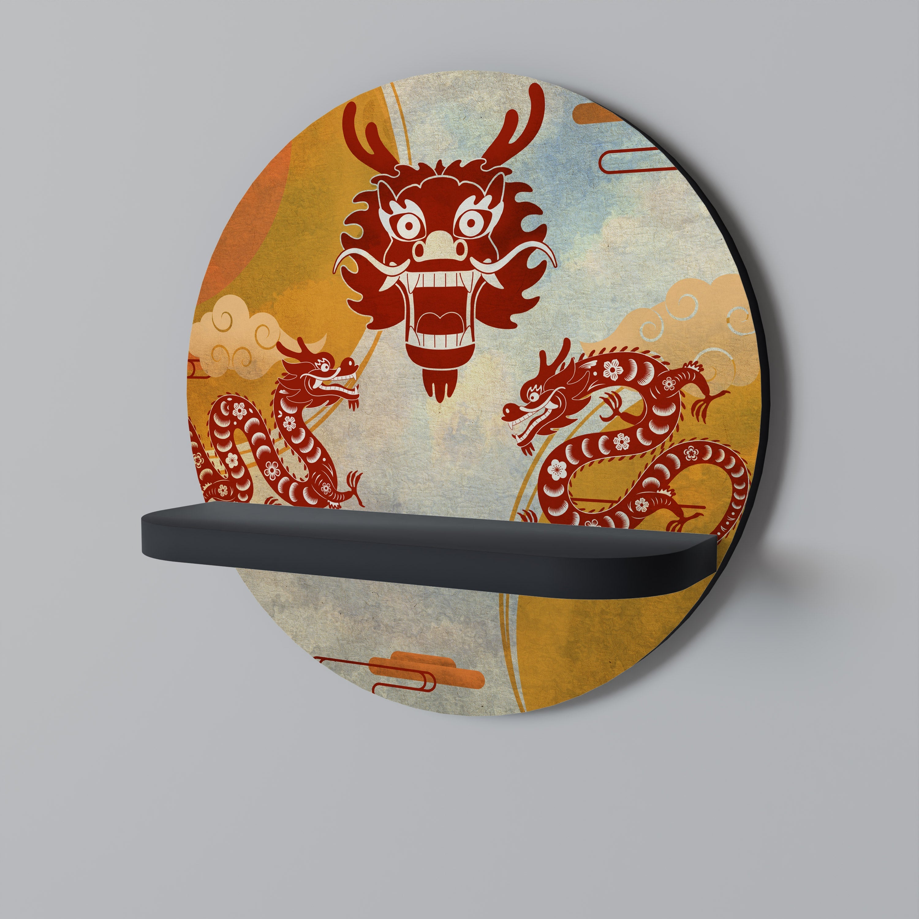 MYSTICAL DRAGON Rundes Kunstregal in Schwarz