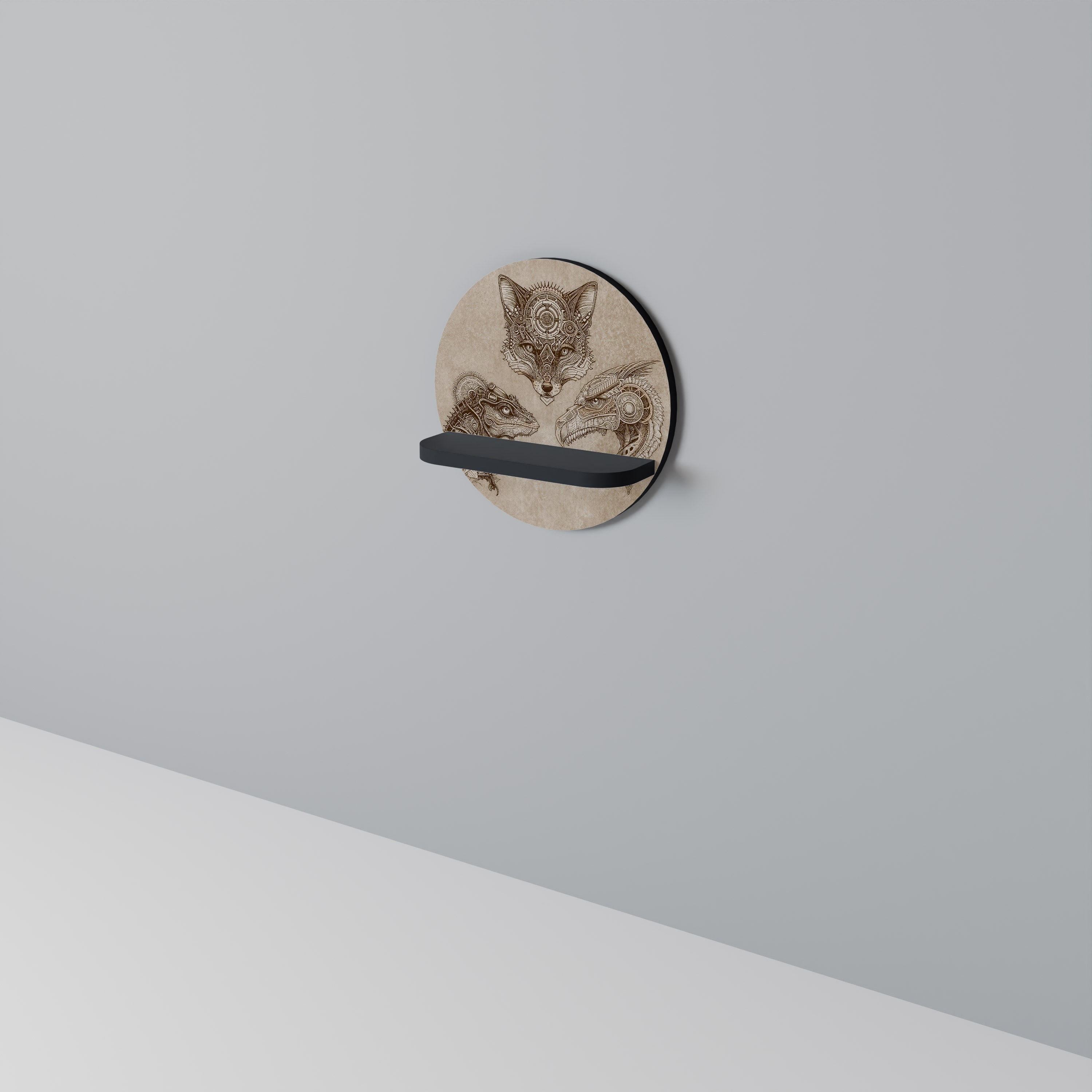 STEAMPUNK TRIO Rundes Kunstregal in Schwarz