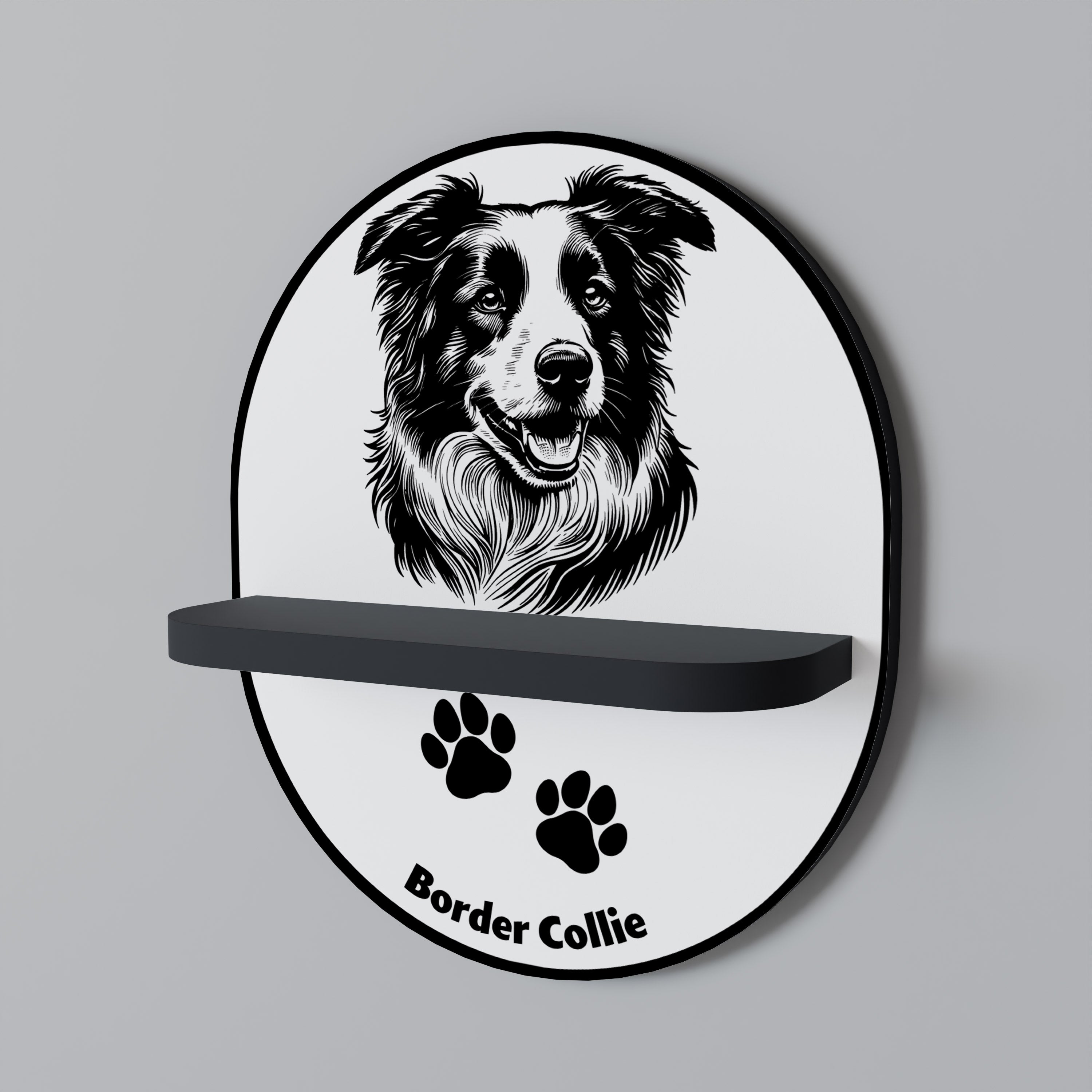 Ovales Kunstregal mit Border Collie-Motiv in Schwarz