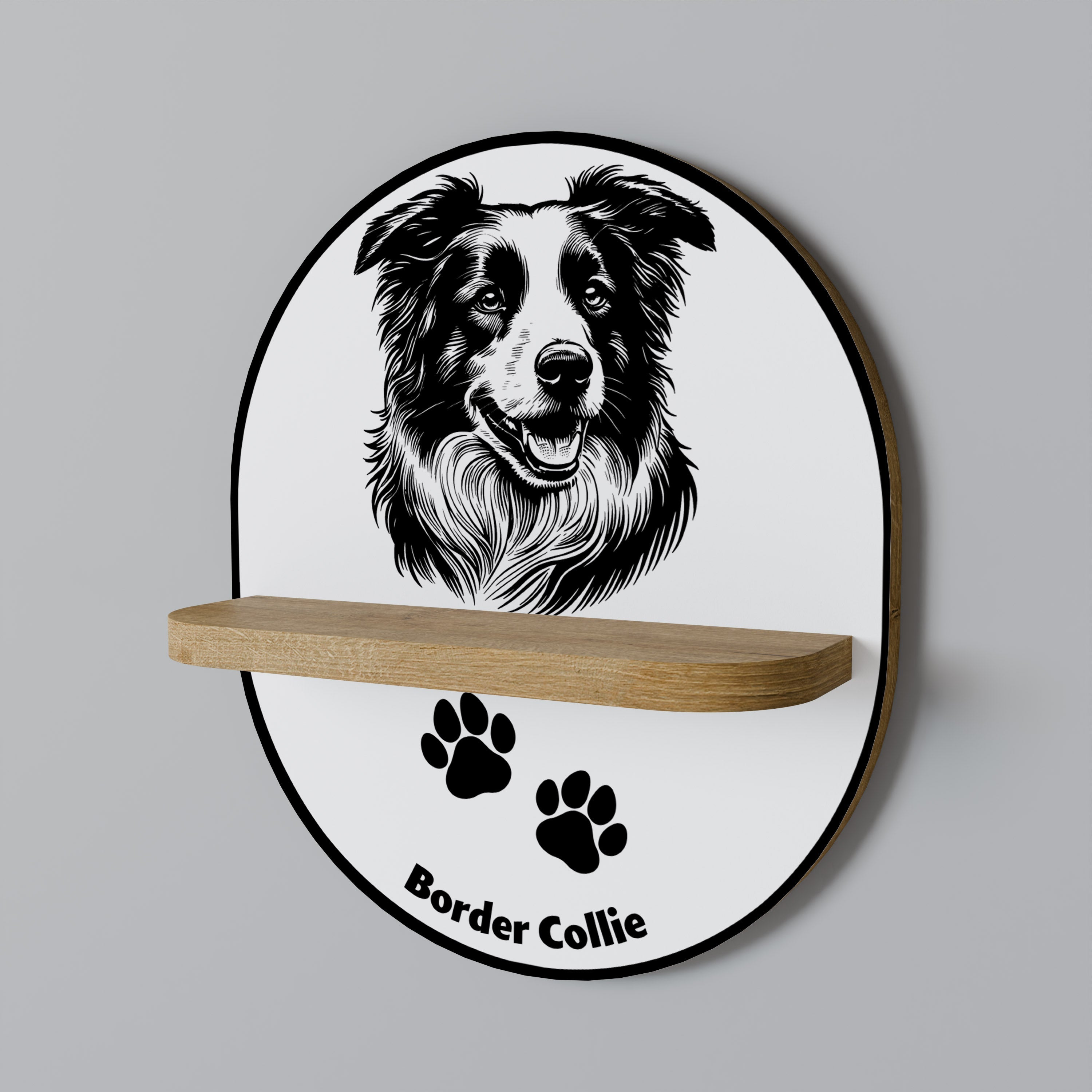 Ovales Kunstregal mit Border Collie-Motiv, Eicheneffekt
