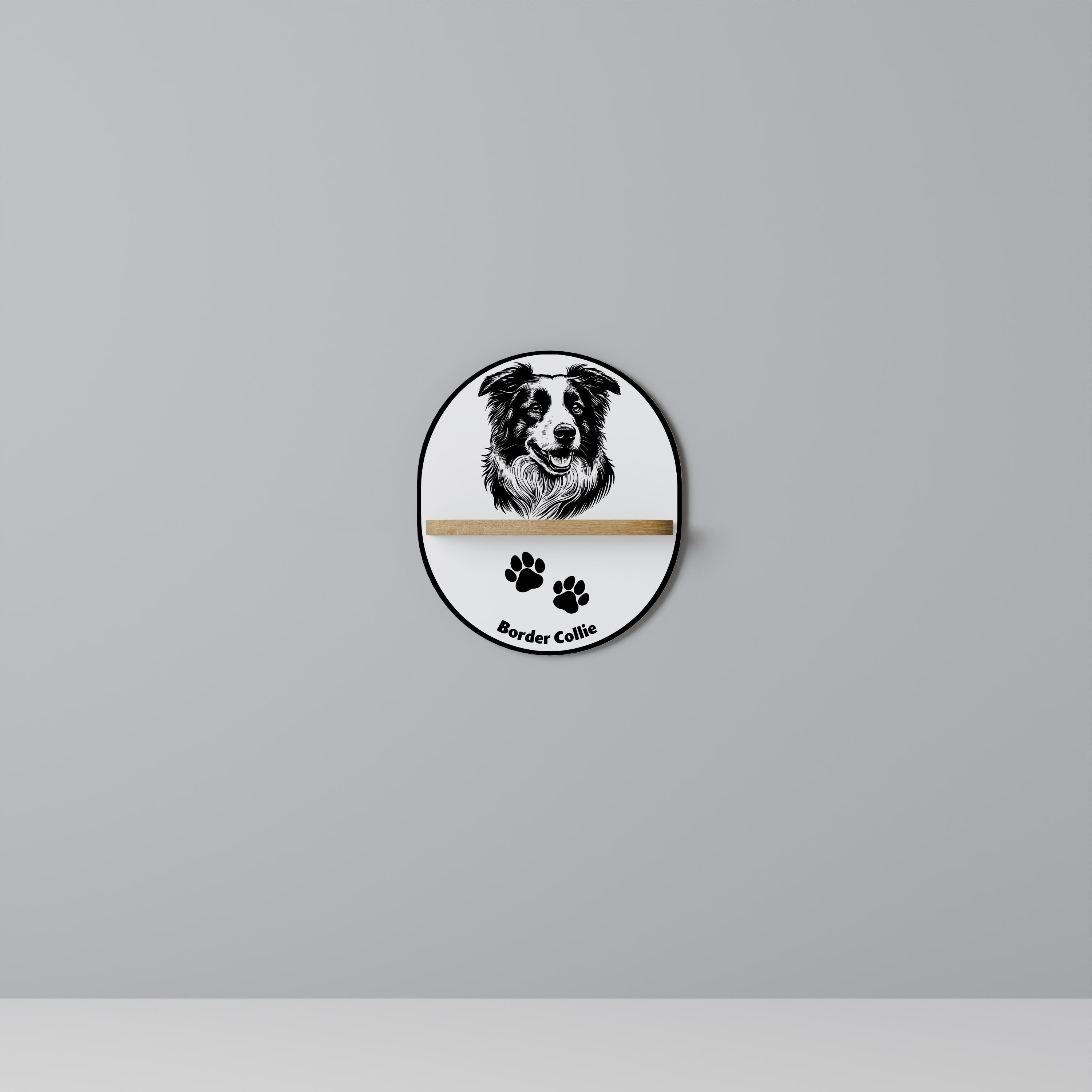 Ovales Kunstregal mit Border Collie-Motiv, Eicheneffekt