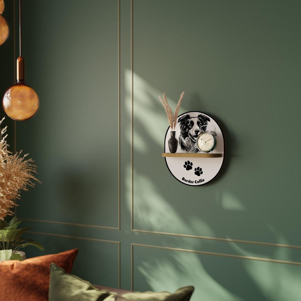Ovales Kunstregal mit Border Collie-Motiv, Eicheneffekt