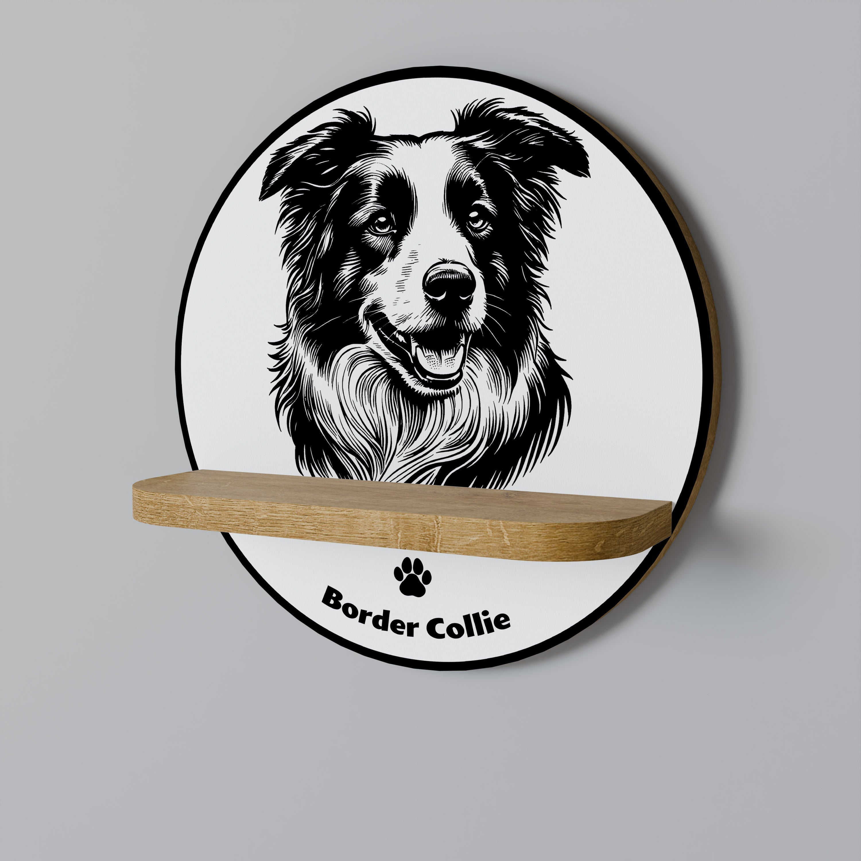 BORDER COLLIE Rundes Kunstregal in Eichenoptik