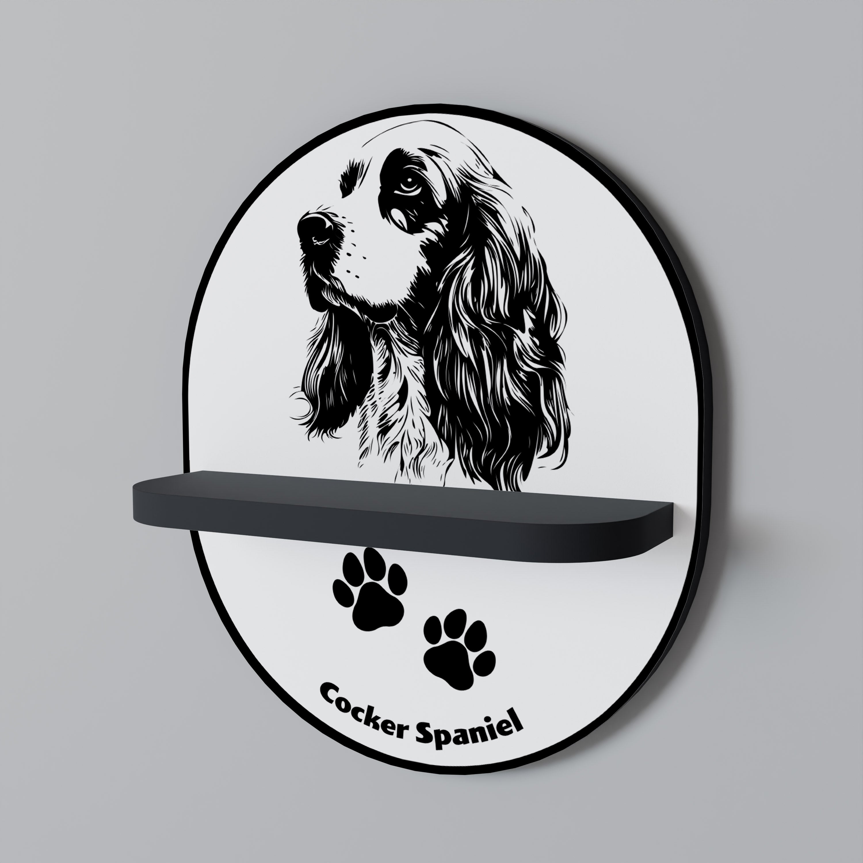 Ovales Kunstregal mit englischem Cocker-Spaniel-Motiv, in Schwarz