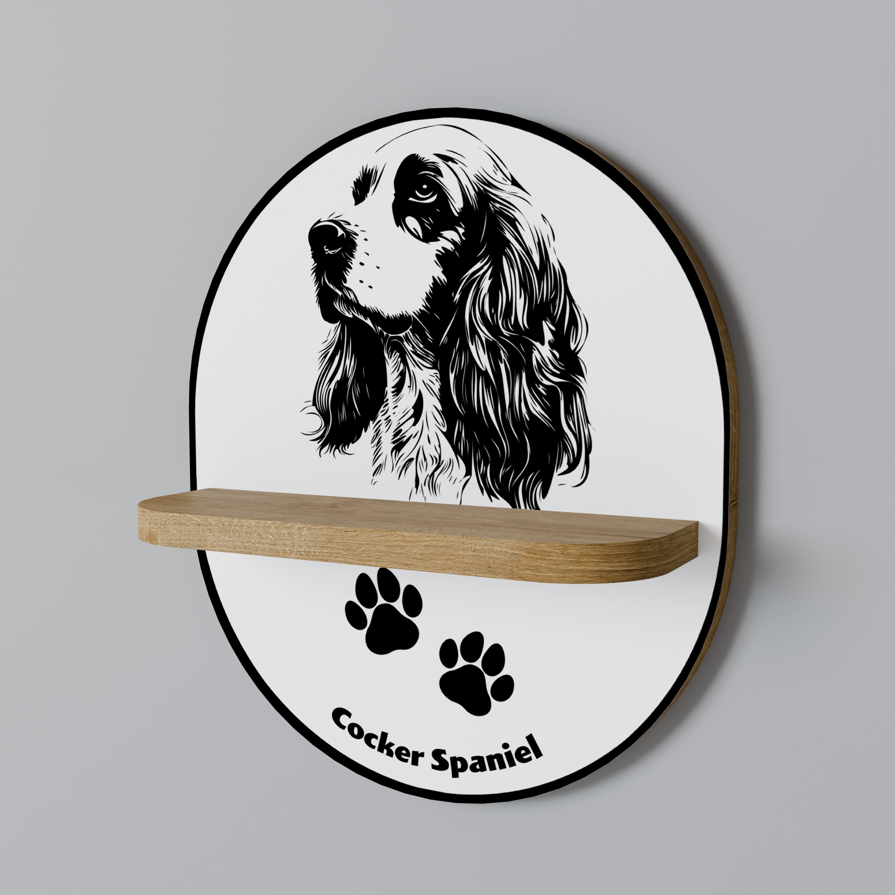 Ovales Kunstregal mit englischem Cocker-Spaniel-Motiv, Eicheneffekt