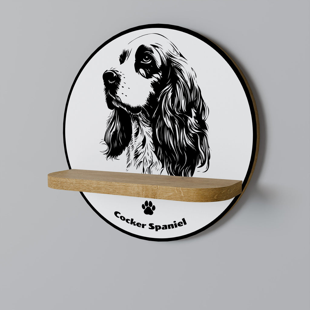Rundes Kunstregal mit englischem Cocker-Spaniel-Motiv, in Eichenoptik