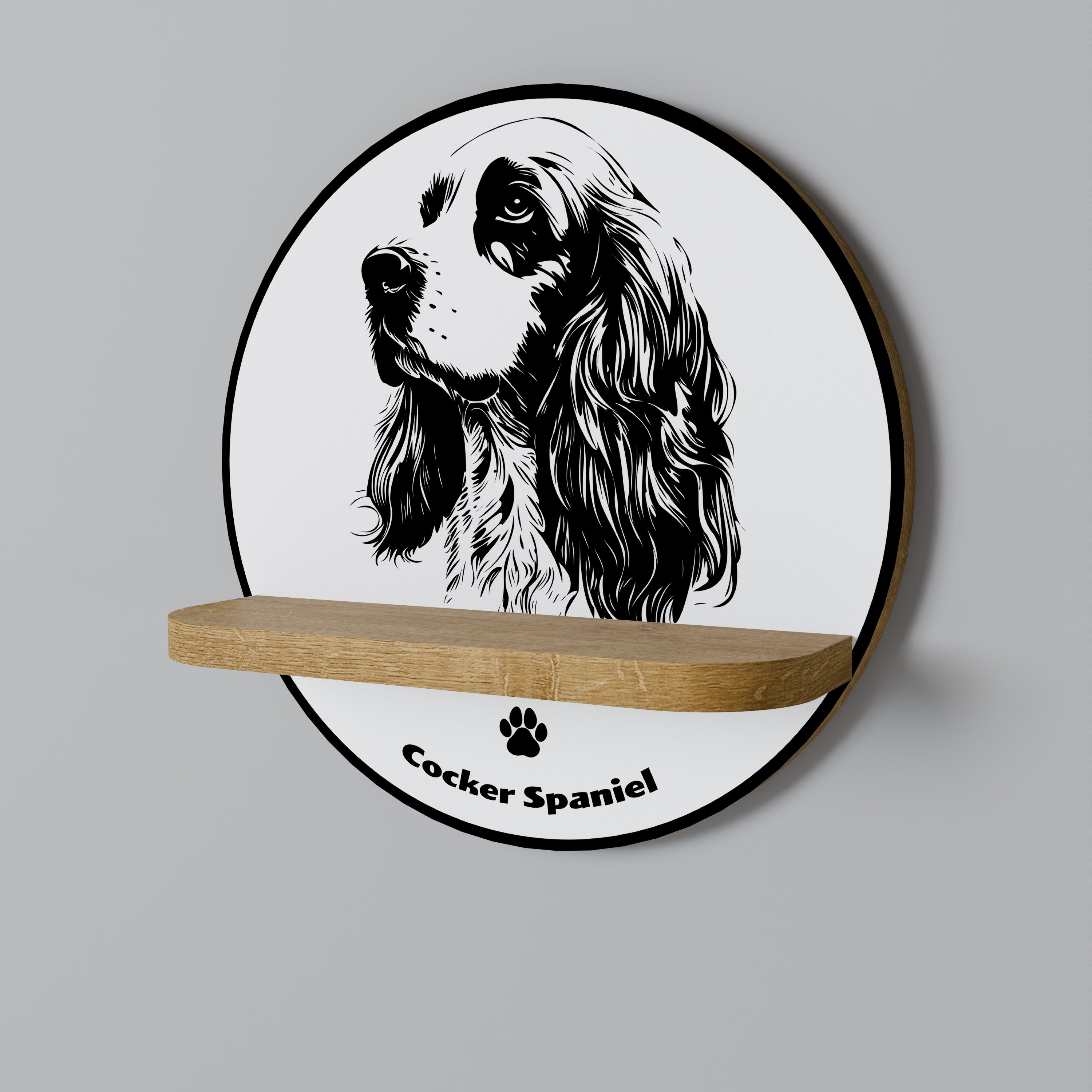 Rundes Kunstregal mit englischem Cocker-Spaniel-Motiv, in Eichenoptik